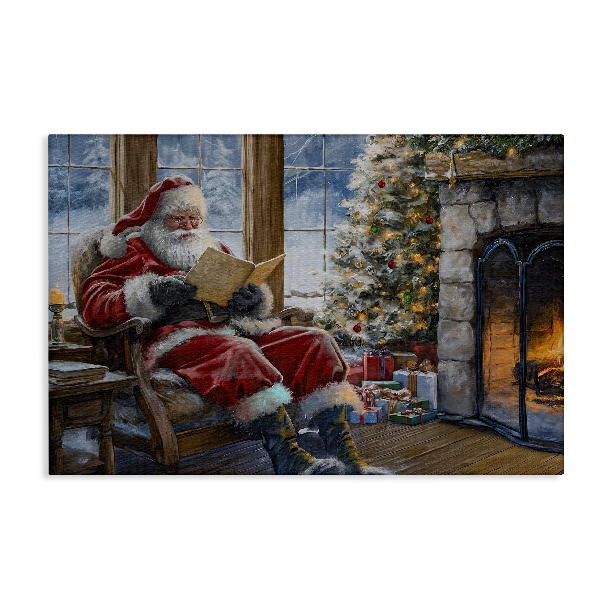 Stupell Industries Santa Reading by Fire Holiday Painting Gallery Wrapped Canvas Art Prints Wall Art, 45 x 30
