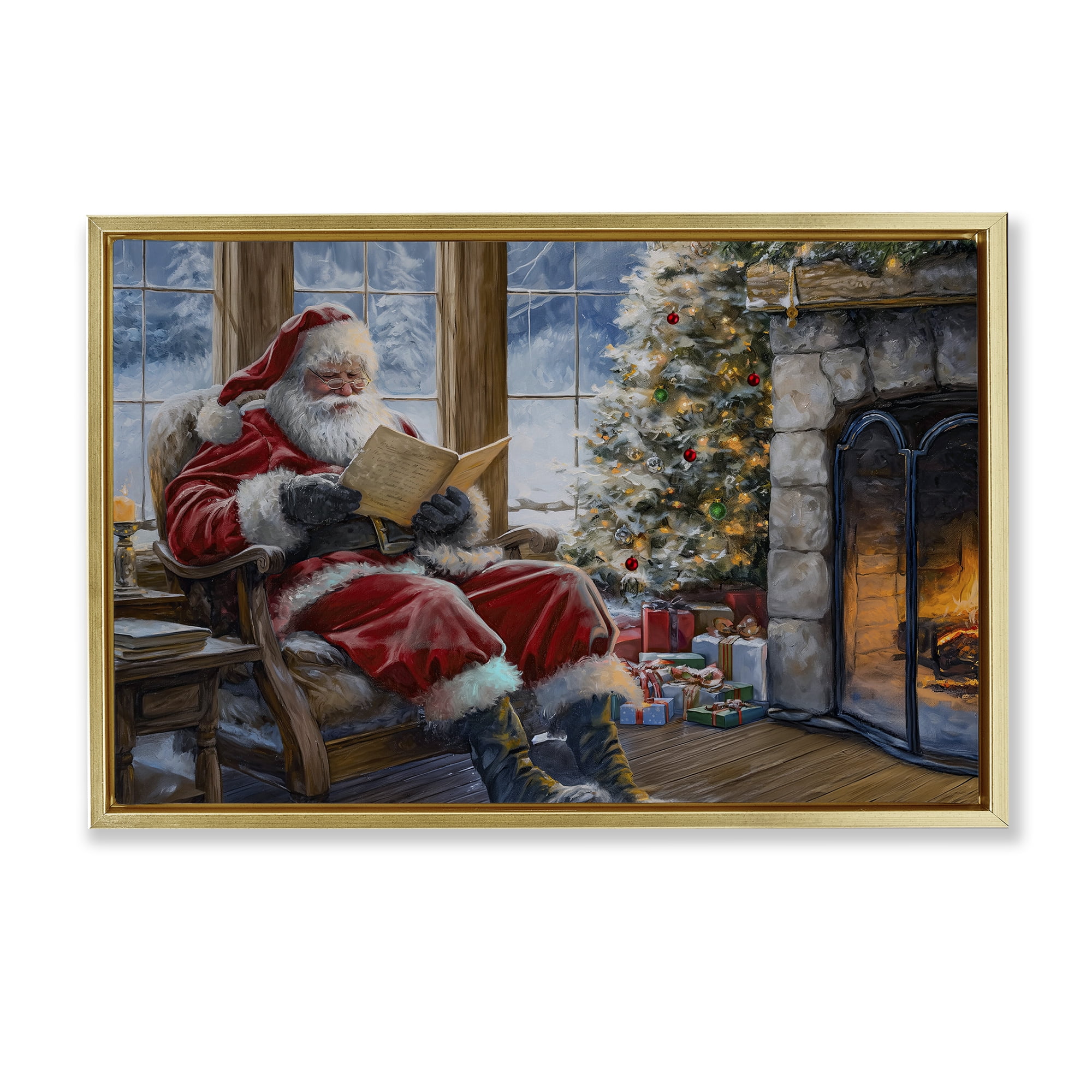 Stupell Industries Santa Reading by Fire Holiday Painting Gold Floater Framed Canvas Art Prints Wall Art, 25 x 17