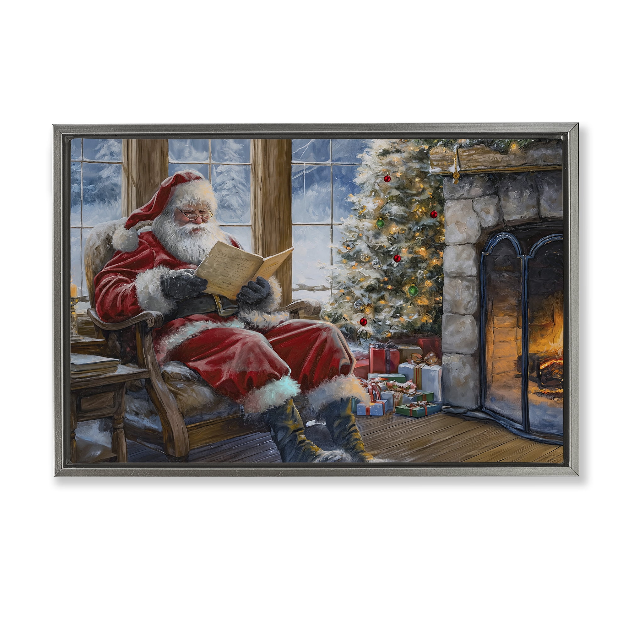 Stupell Industries Santa Reading by Fire Holiday Painting Gray Floater Framed Canvas Art Prints Wall Art, 31 x 21