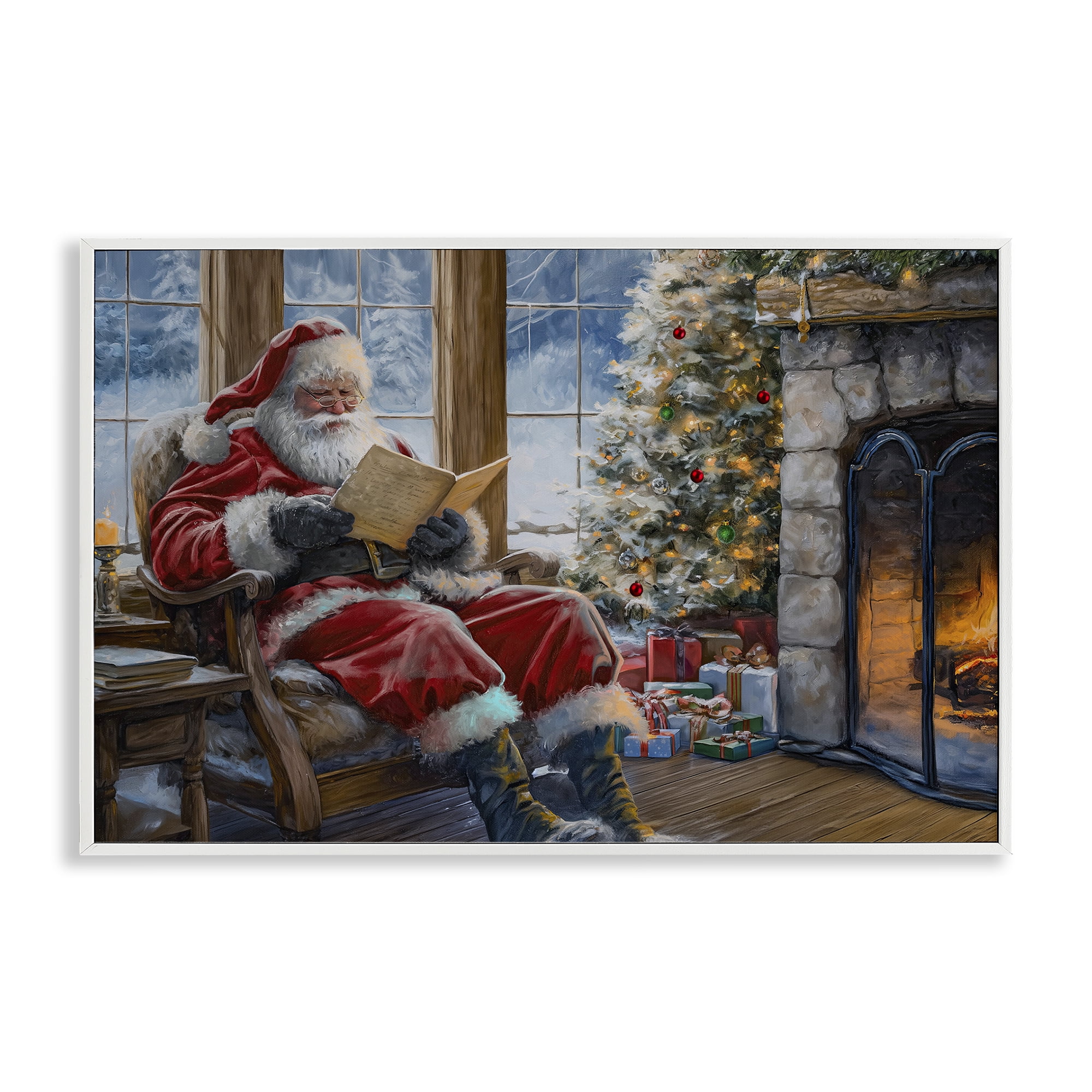 Stupell Industries Santa Reading by Fire Holiday Painting White Framed Art Prints Wall Art, 24 x 16
