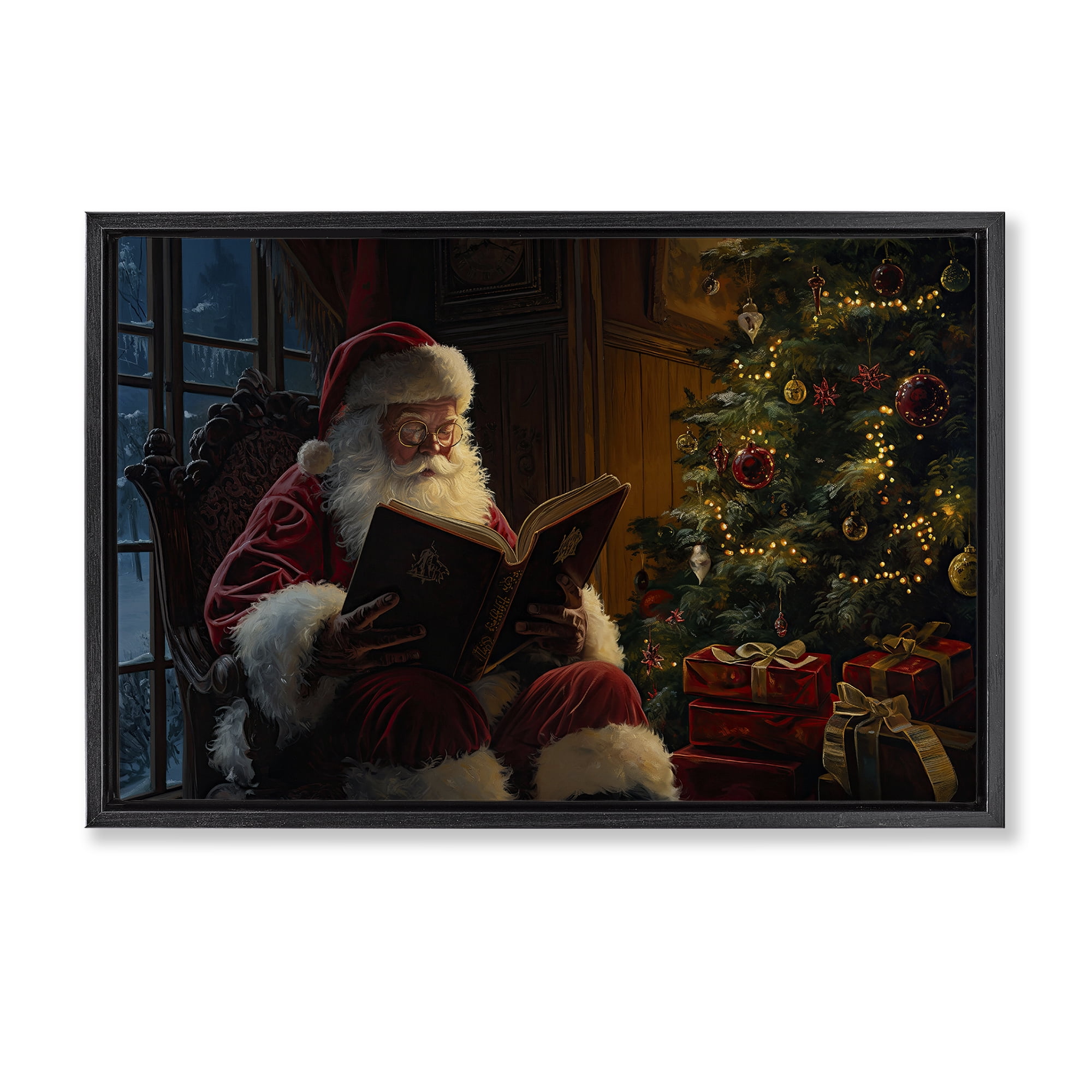 Stupell Industries Santa Reading by Tree Holiday Painting Black Floater Framed Canvas Art Prints Wall Art, 25 x 17