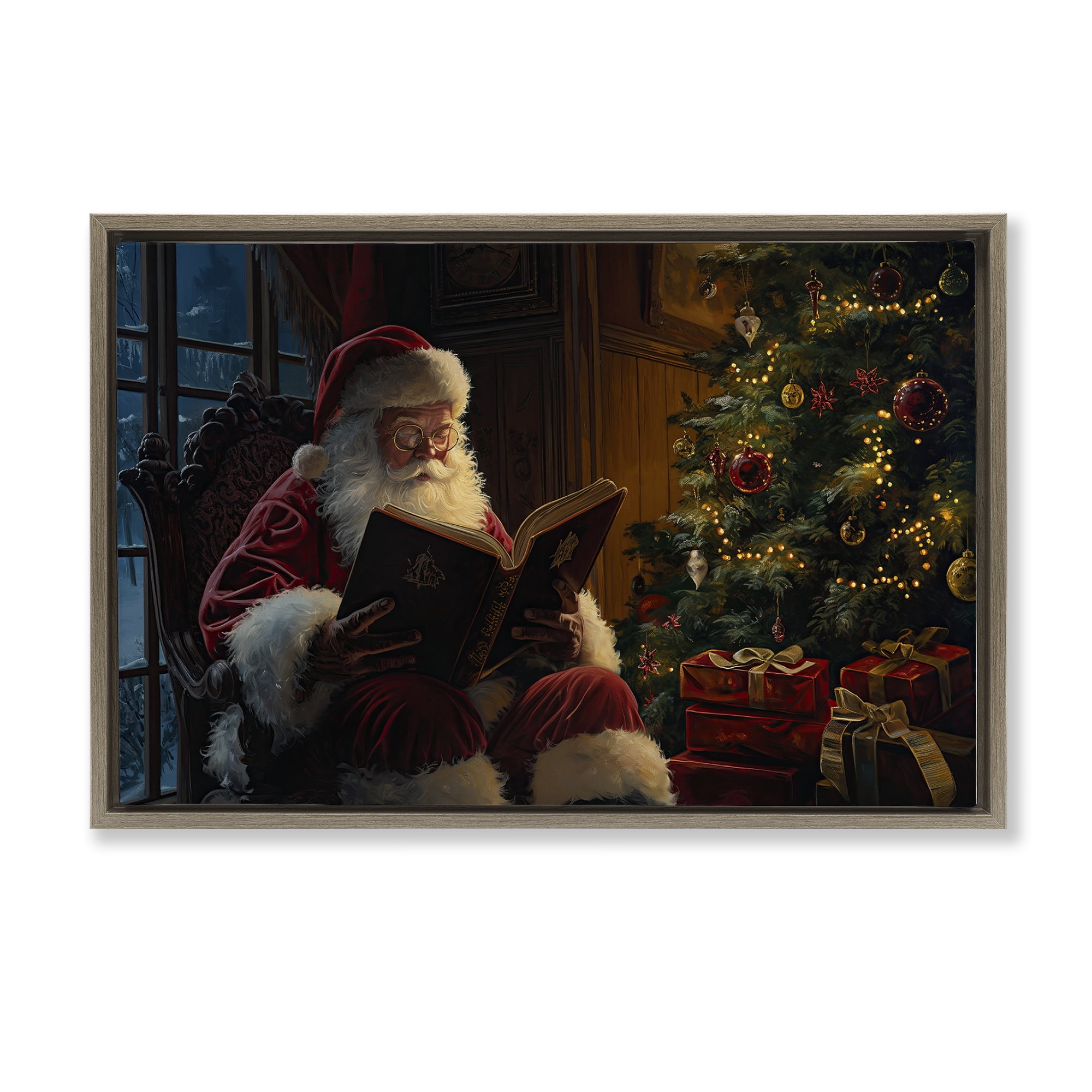 Stupell Industries Santa Reading by Tree Holiday Painting Brown Floater Framed Canvas Art Prints Wall Art, 25 x 17