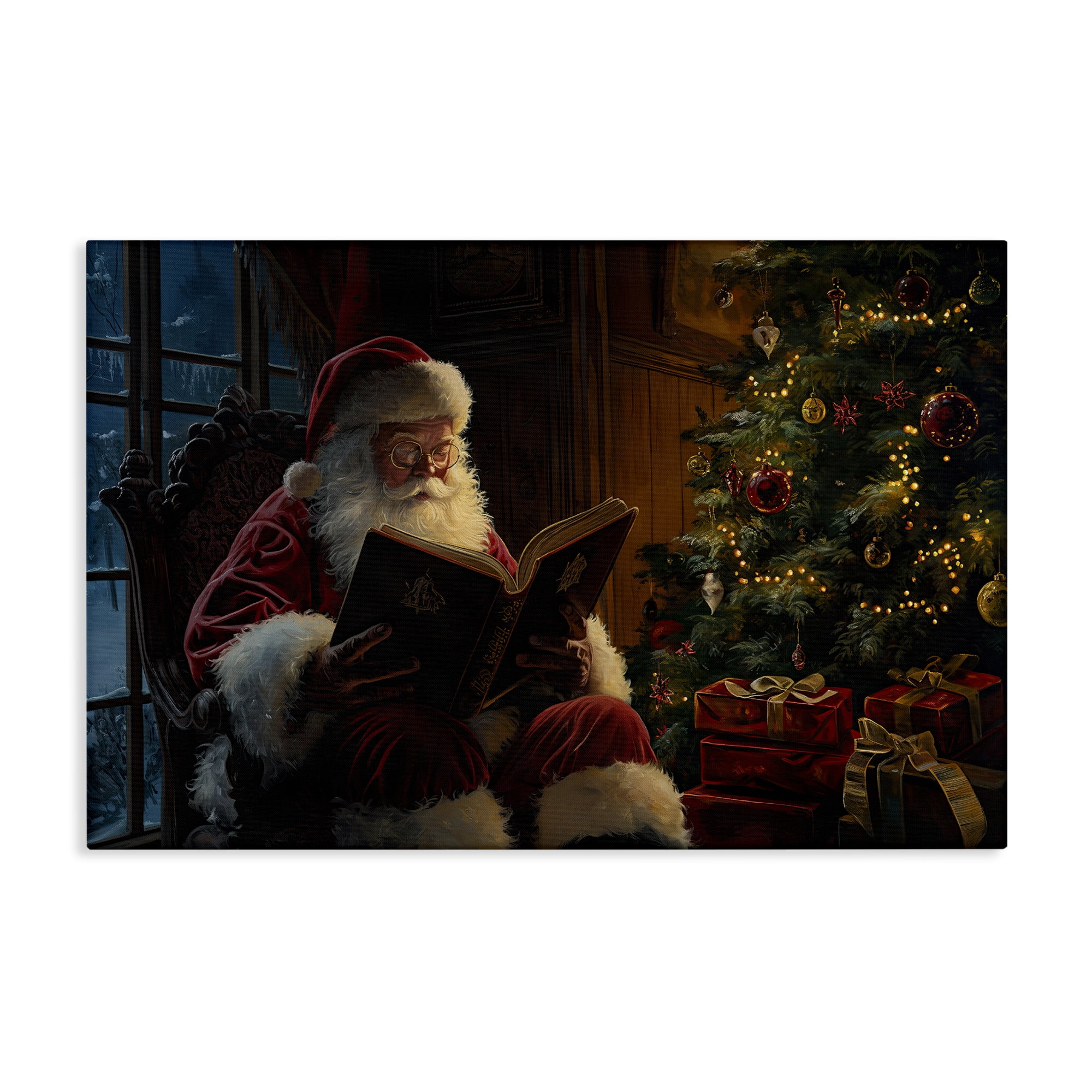 Stupell Industries Santa Reading by Tree Holiday Painting Gallery Wrapped Canvas Art Prints Wall Art, 24 x 16