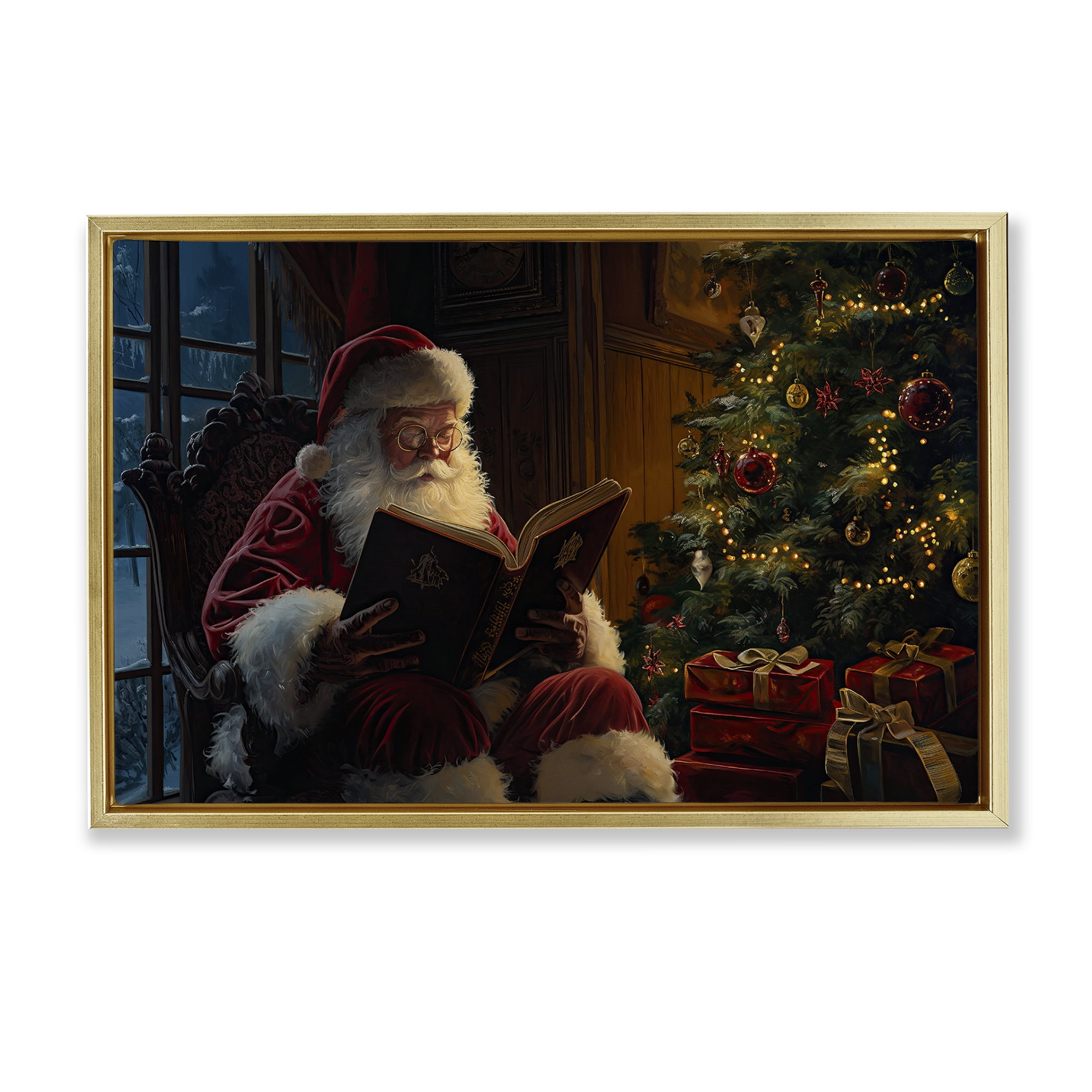 Stupell Industries Santa Reading by Tree Holiday Painting Gold Floater Framed Canvas Art Prints Wall Art, 31 x 21