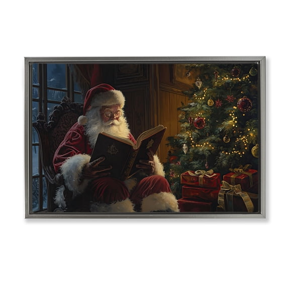 Stupell Industries Santa Reading by Tree Holiday Painting Gray Floater Framed Canvas Art Prints Wall Art, 31 x 21