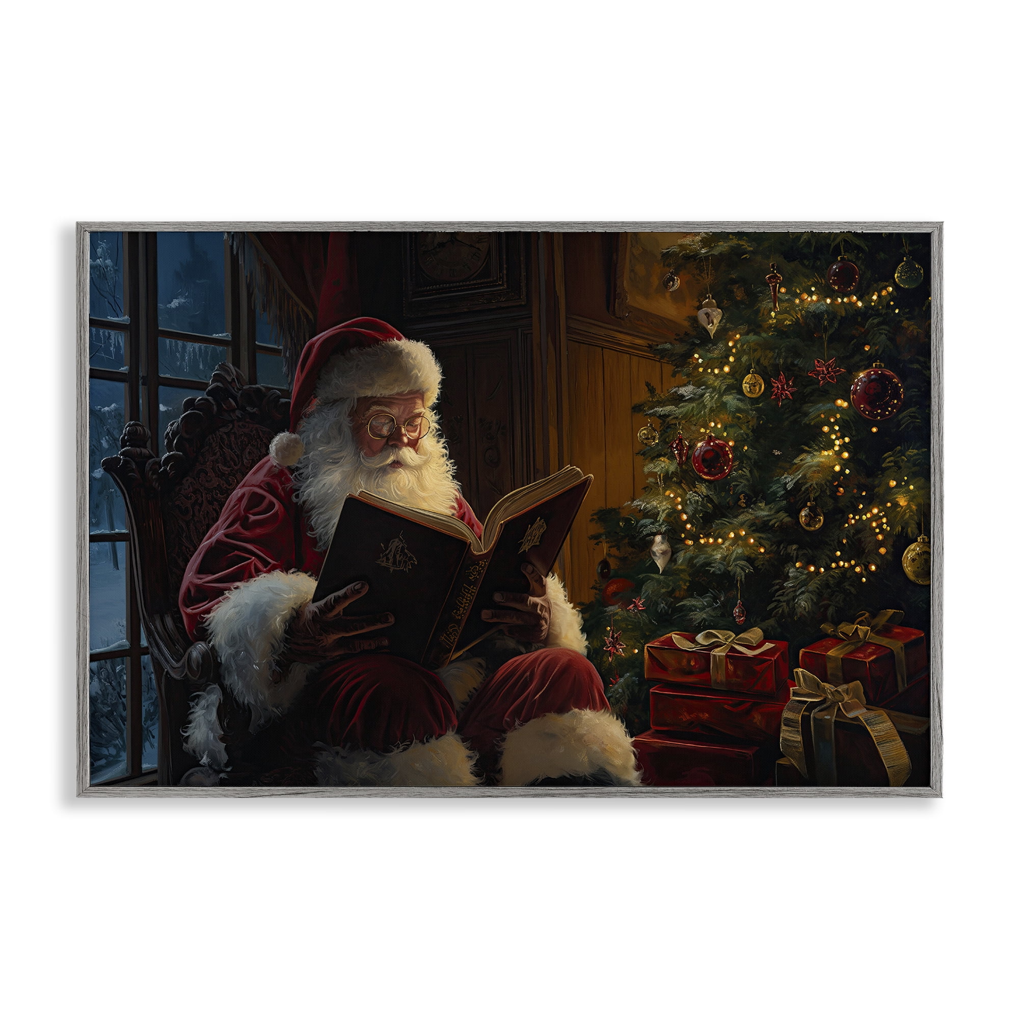 Stupell Industries Santa Reading by Tree Holiday Painting Gray Framed Art Prints Wall Art, 24 x 16