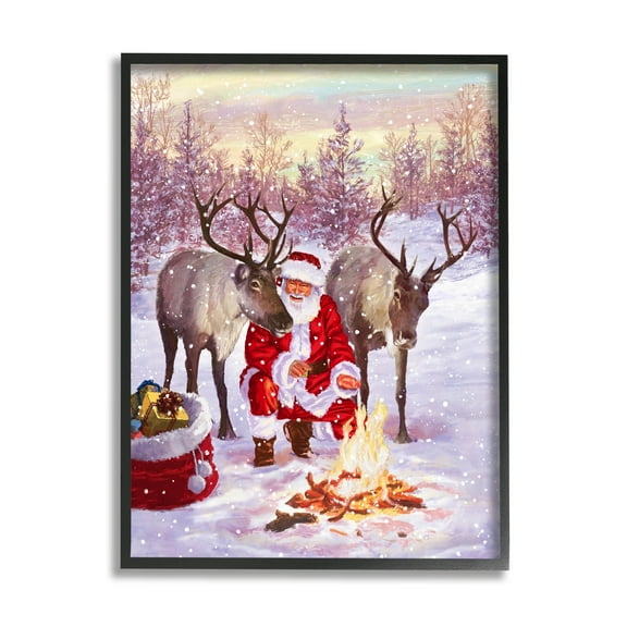 Stupell Industries Santa & Reindeer Bonfire Scene Holiday Painting Black Framed Art Print Wall Art