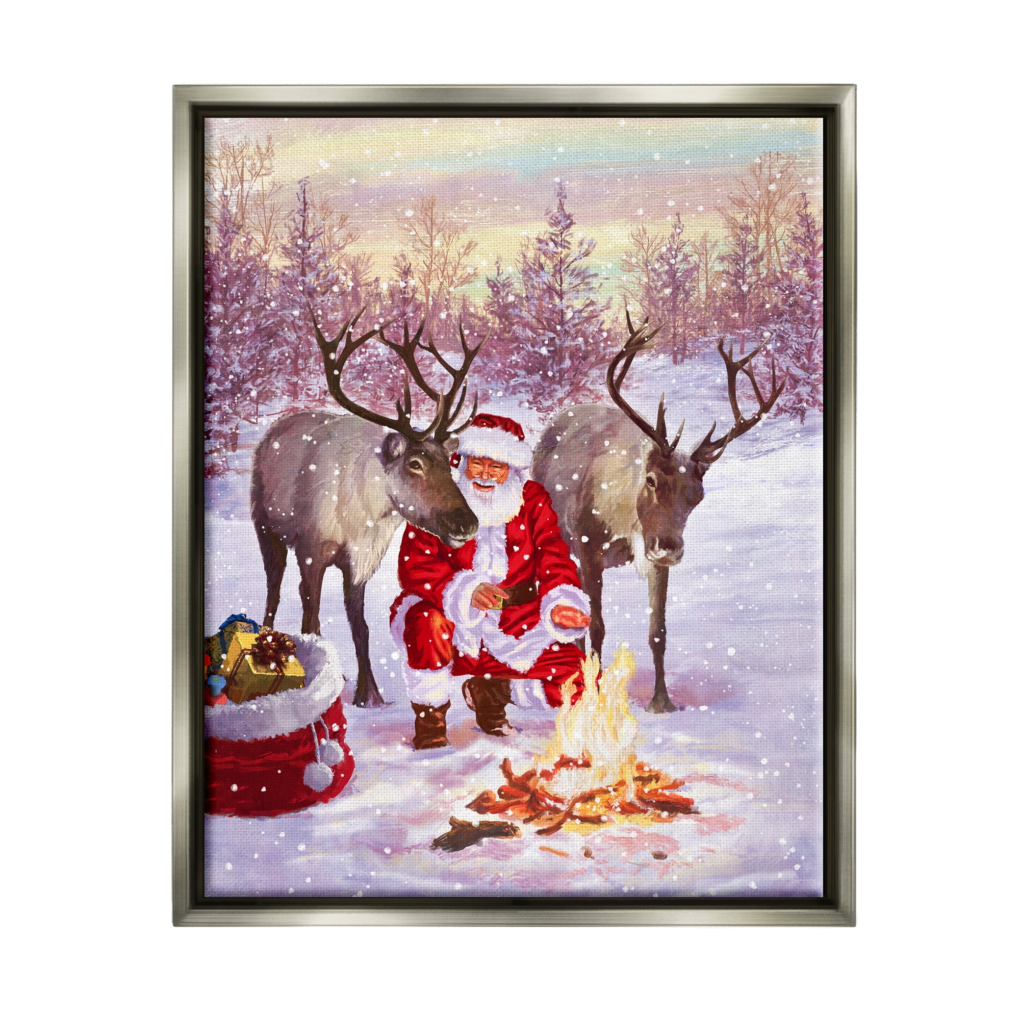 Stupell Industries Santa & Reindeer Bonfire Scene Holiday Painting Gray Floater Framed Art Print Wall Art