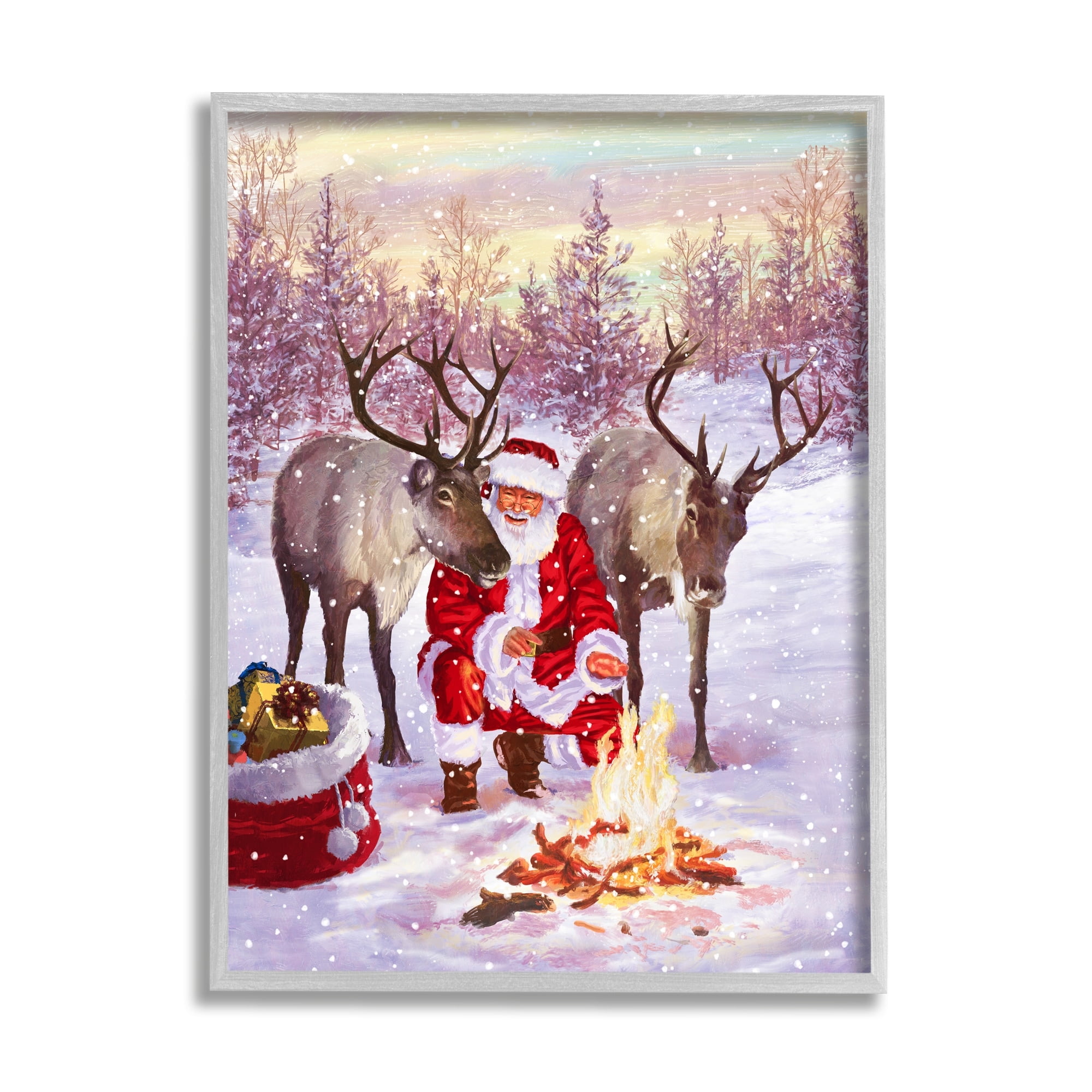 Stupell Industries Santa & Reindeer Bonfire Scene Holiday Painting Gray Framed Art Print Wall Art