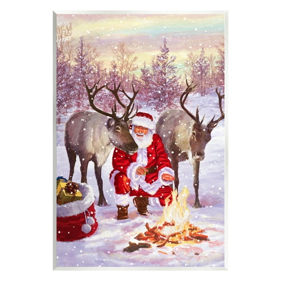 Stupell Industries Santa & Reindeer Bonfire Scene Holiday Painting Unframed Art Print Wall Art