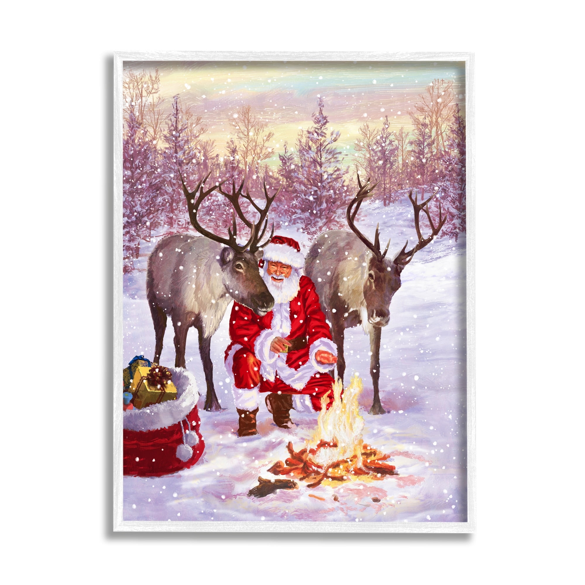 Stupell Industries Santa & Reindeer Bonfire Scene Holiday Painting White Framed Art Print Wall Art