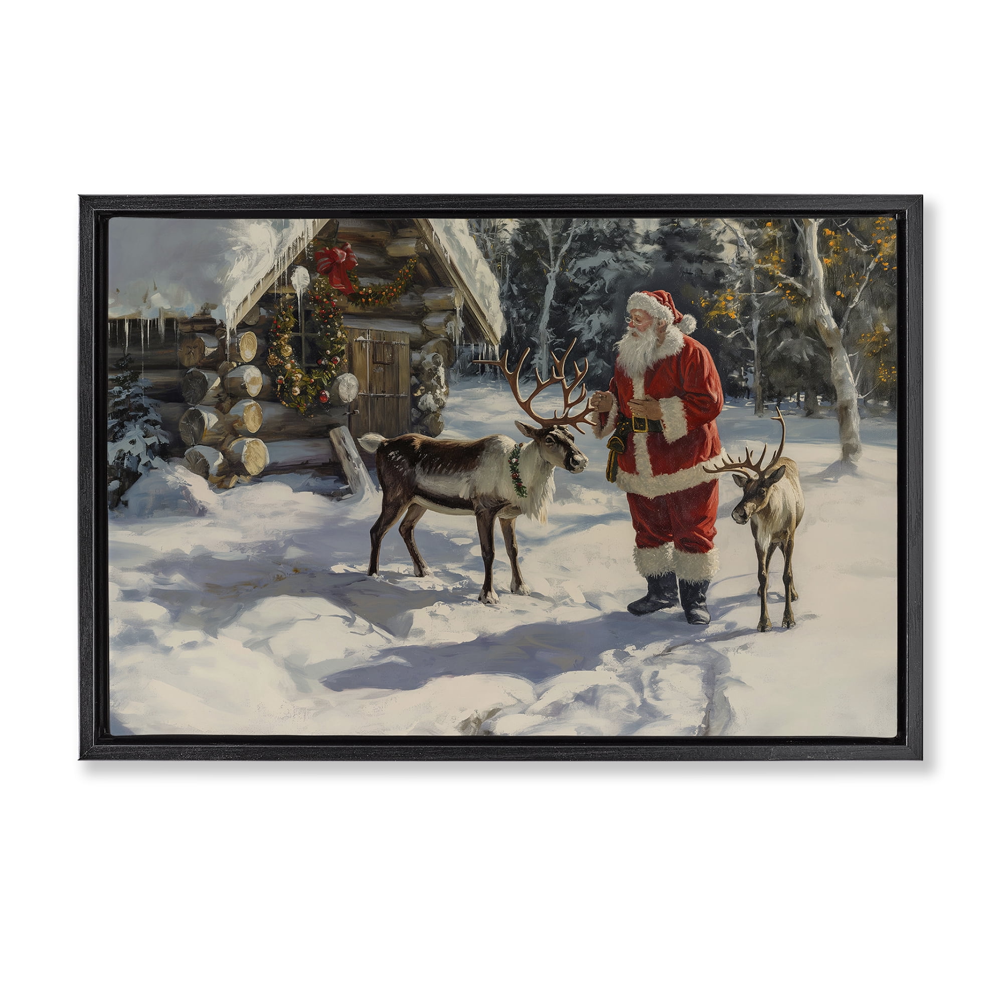 Stupell Industries Santa & Reindeer Scene Holiday Painting Black Floater Framed Canvas Art Prints Wall Art, 31 x 21