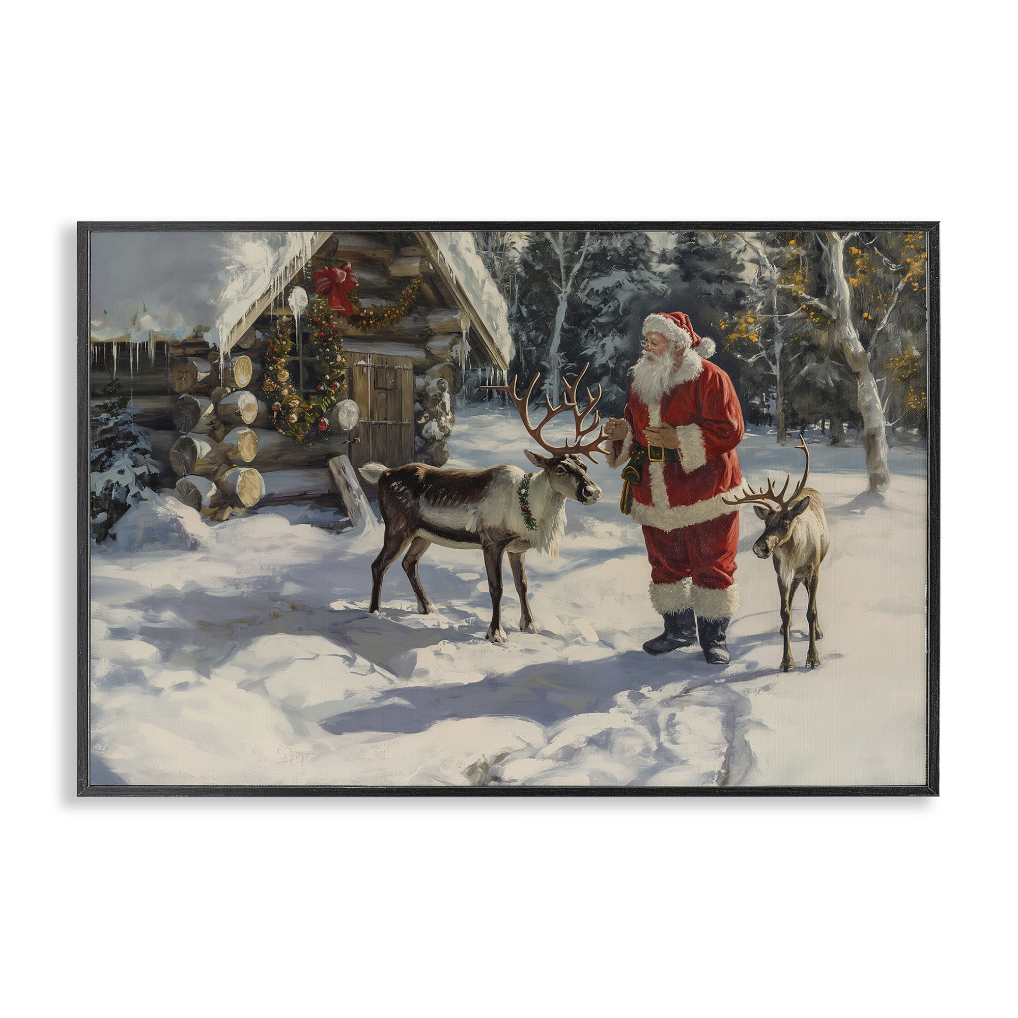 Stupell Industries Santa & Reindeer Scene Holiday Painting Black Framed Art Prints Wall Art, 30 x 20