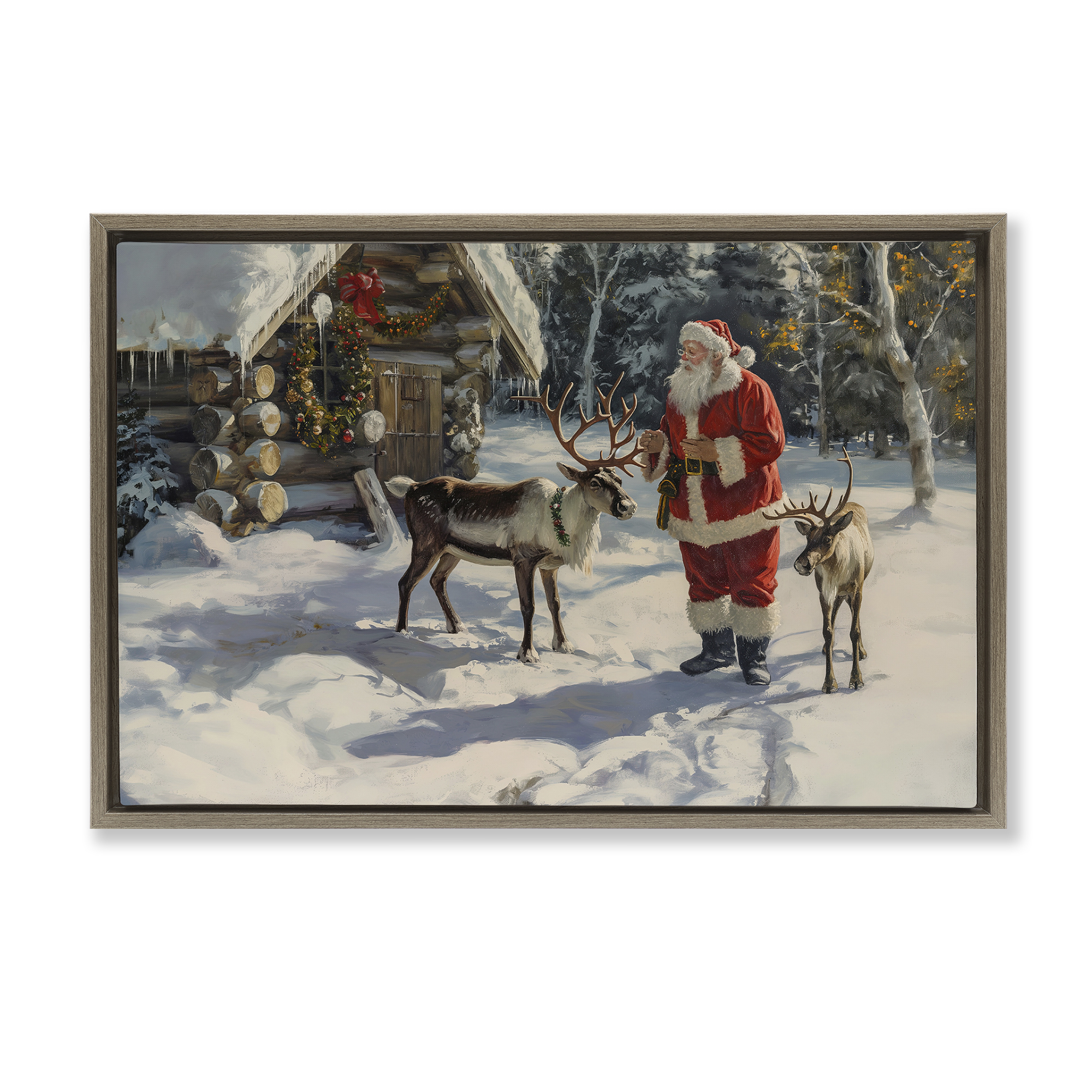 Stupell Industries Santa & Reindeer Scene Holiday Painting Brown Floater Framed Canvas Art Prints Wall Art, 31 x 21