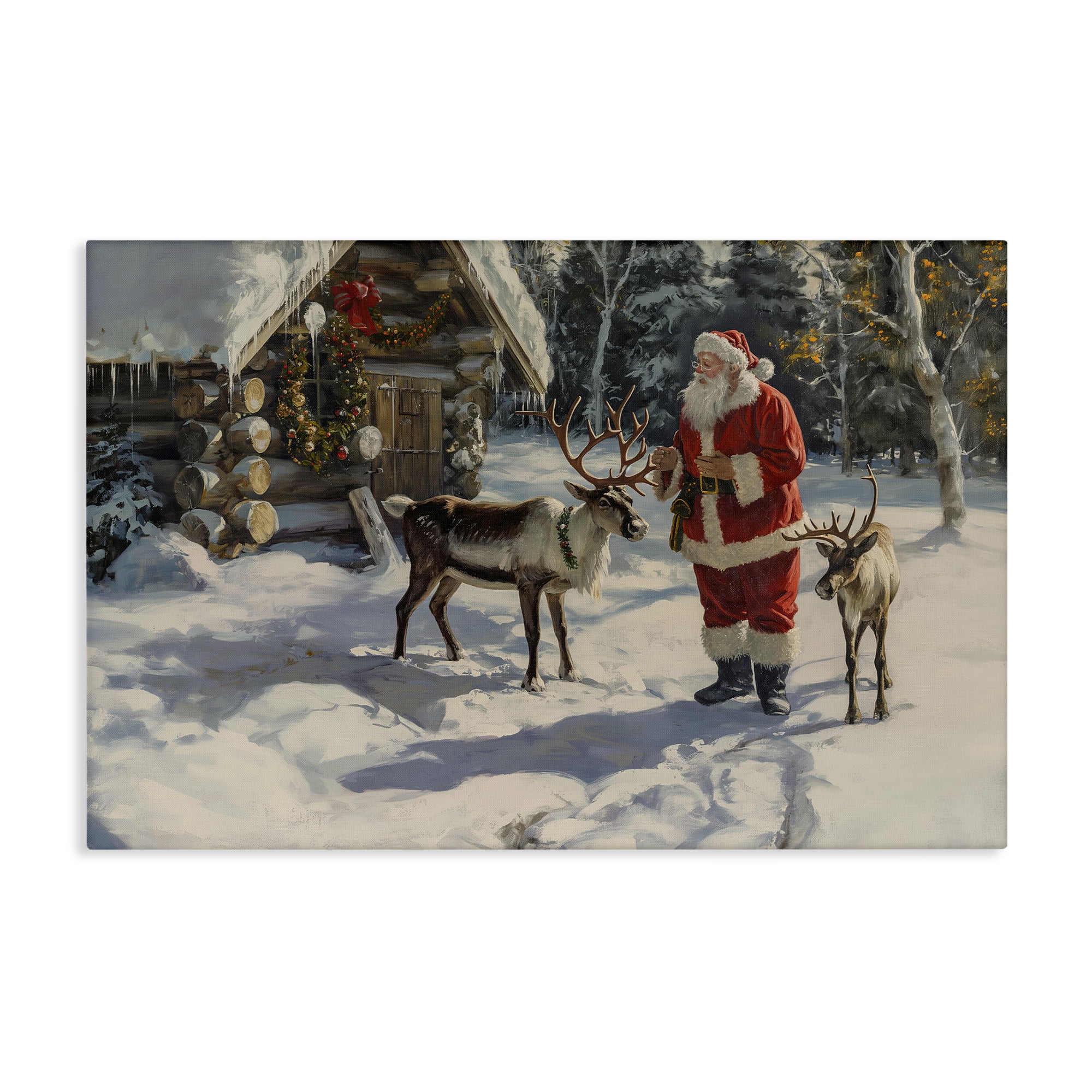 Stupell Industries Santa & Reindeer Scene Holiday Painting Gallery Wrapped Canvas Art Prints Wall Art, 45 x 30