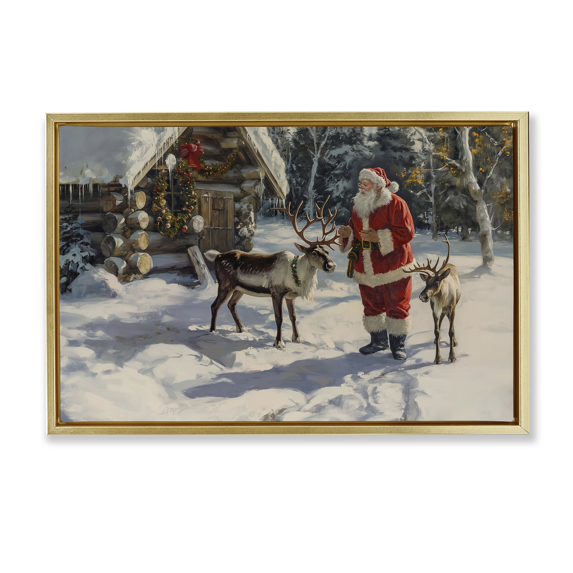 Stupell Industries Santa & Reindeer Scene Holiday Painting Gold Floater Framed Canvas Art Prints Wall Art, 31 x 21