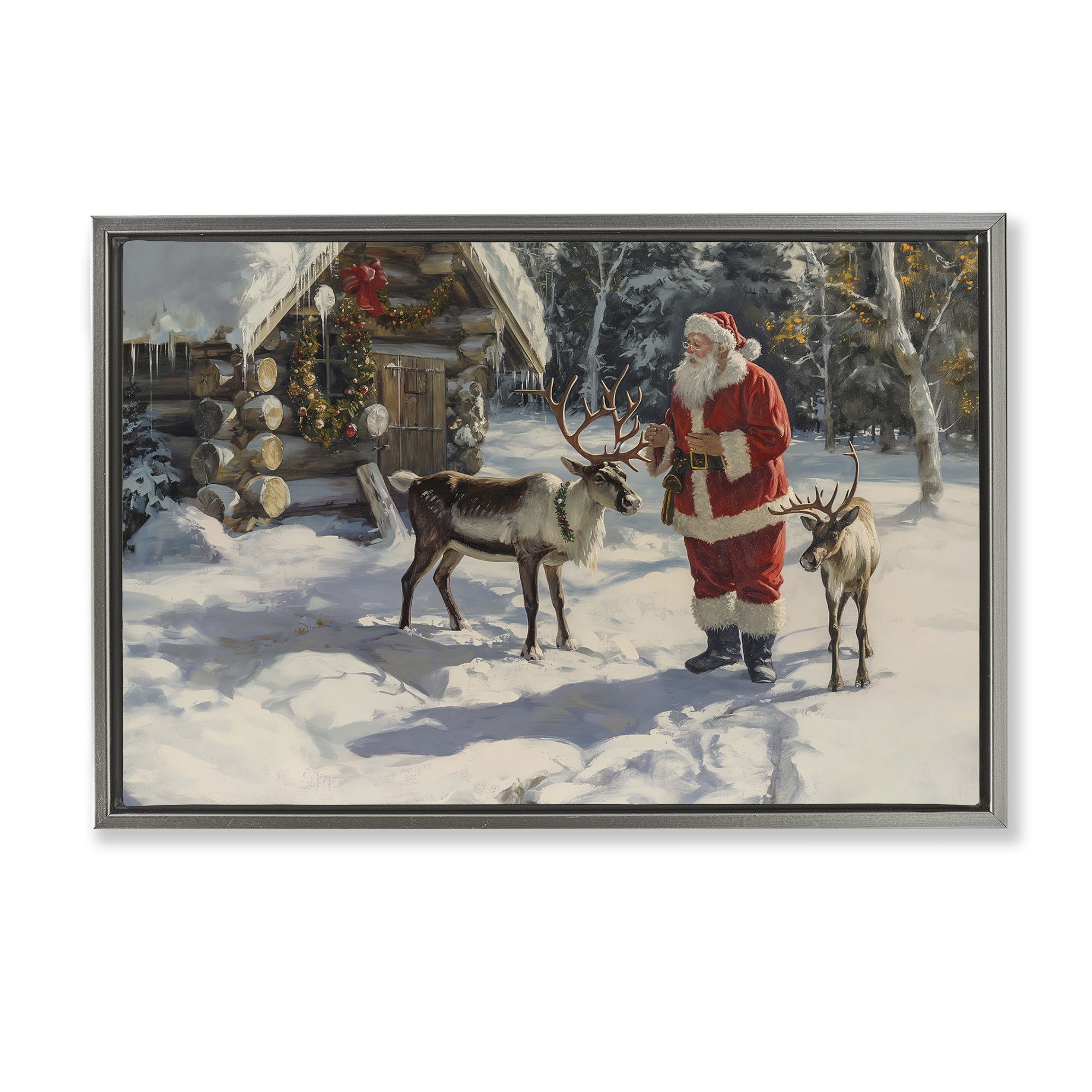 Stupell Industries Santa & Reindeer Scene Holiday Painting Gray Floater Framed Canvas Art Prints Wall Art, 31 x 21