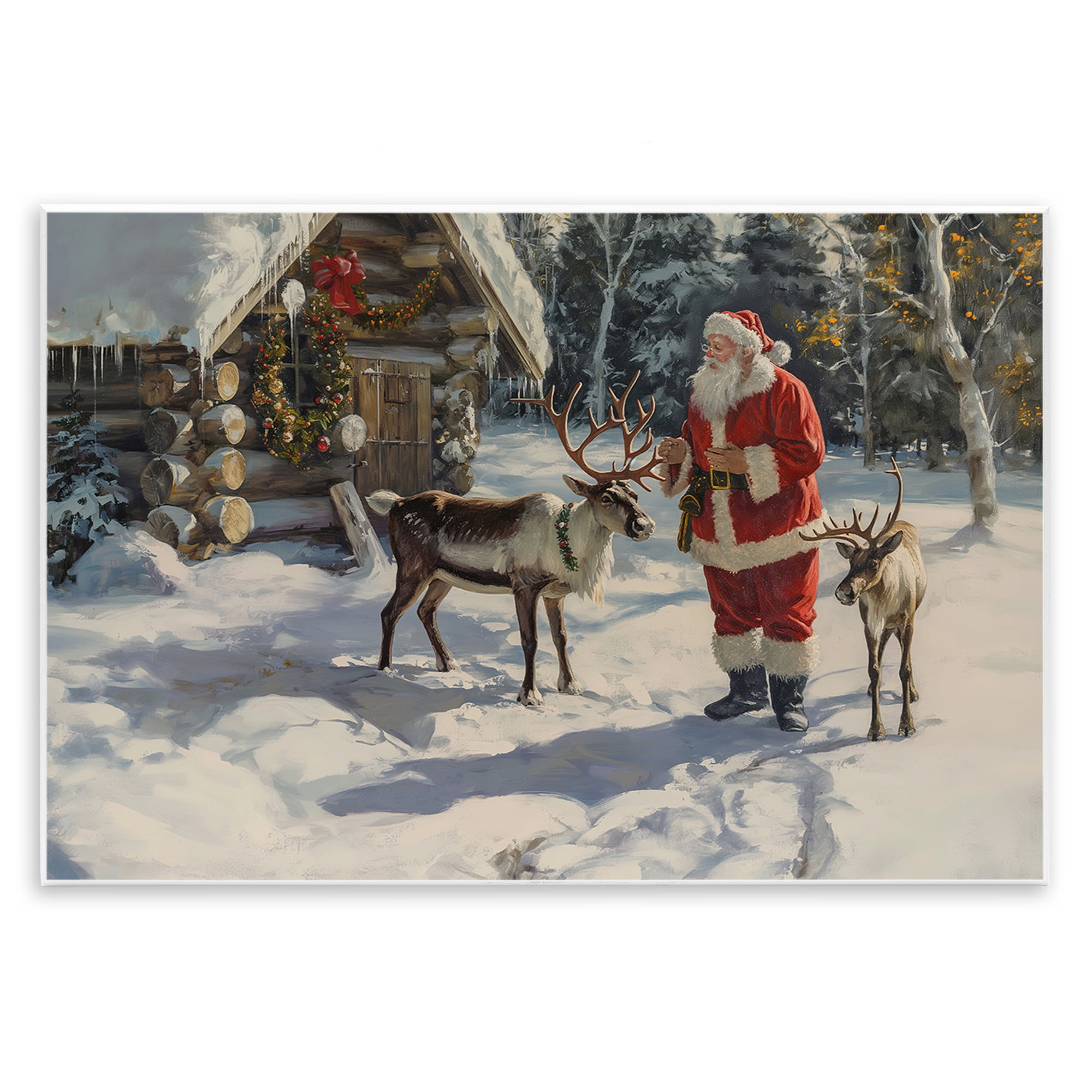 Stupell Industries Santa & Reindeer Scene Holiday Painting Unframed Art Prints Wall Art, 19 x 13