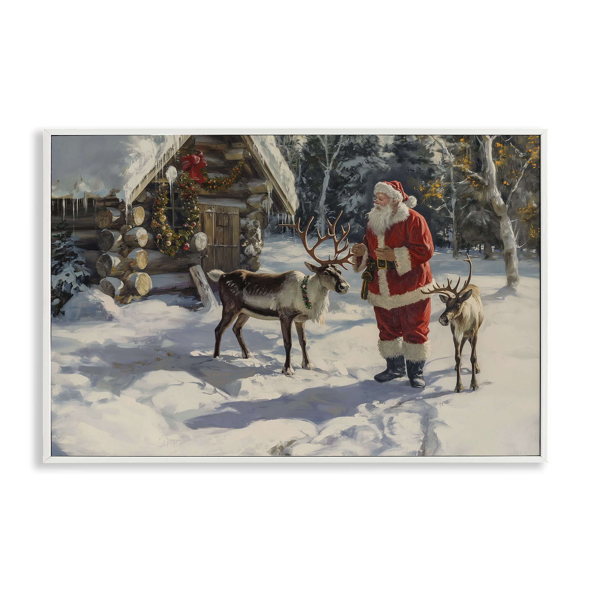 Stupell Industries Santa & Reindeer Scene Holiday Painting White Framed Art Prints Wall Art, 30 x 20