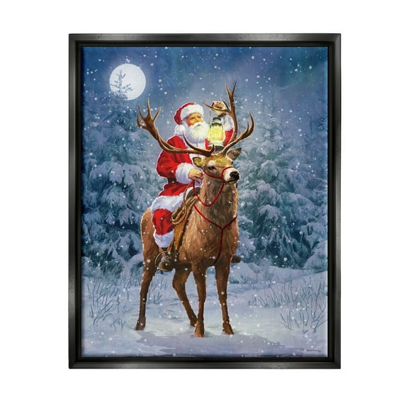 Stupell Industries Santa Riding Reindeer Landscape Holiday Painting Black Floater Framed Art Print Wall Art
