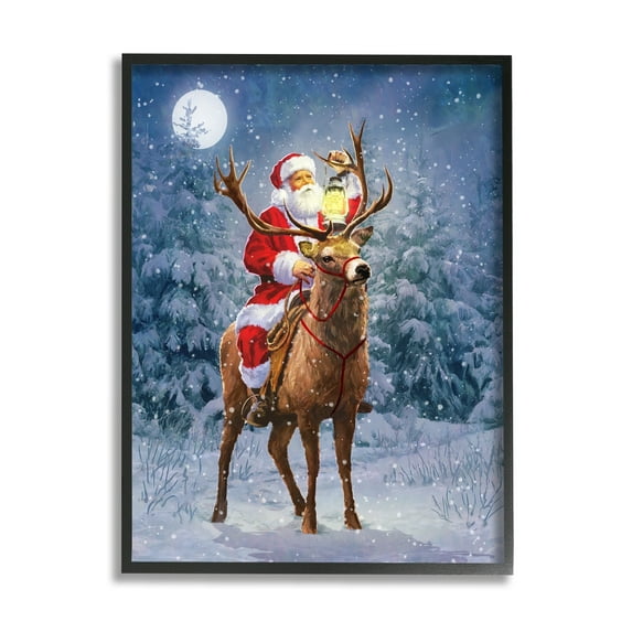 Stupell Industries Santa Riding Reindeer Landscape Holiday Painting Black Framed Art Print Wall Art