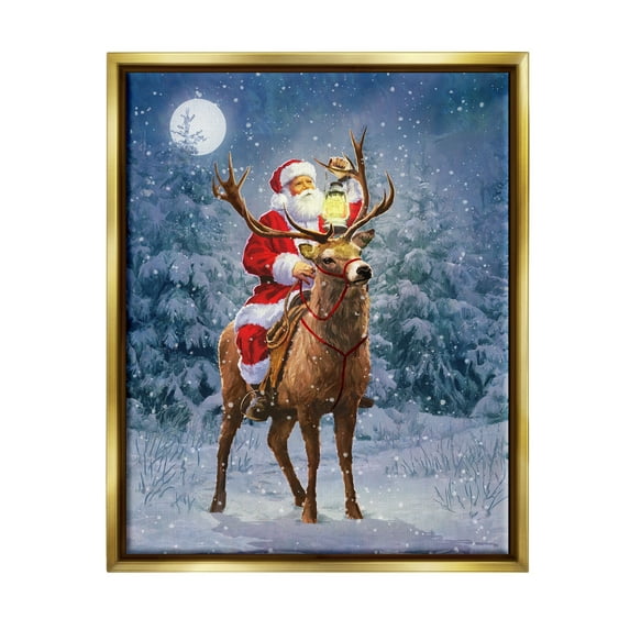 Stupell Industries Santa Riding Reindeer Landscape Holiday Painting Gold Floater Framed Art Print Wall Art