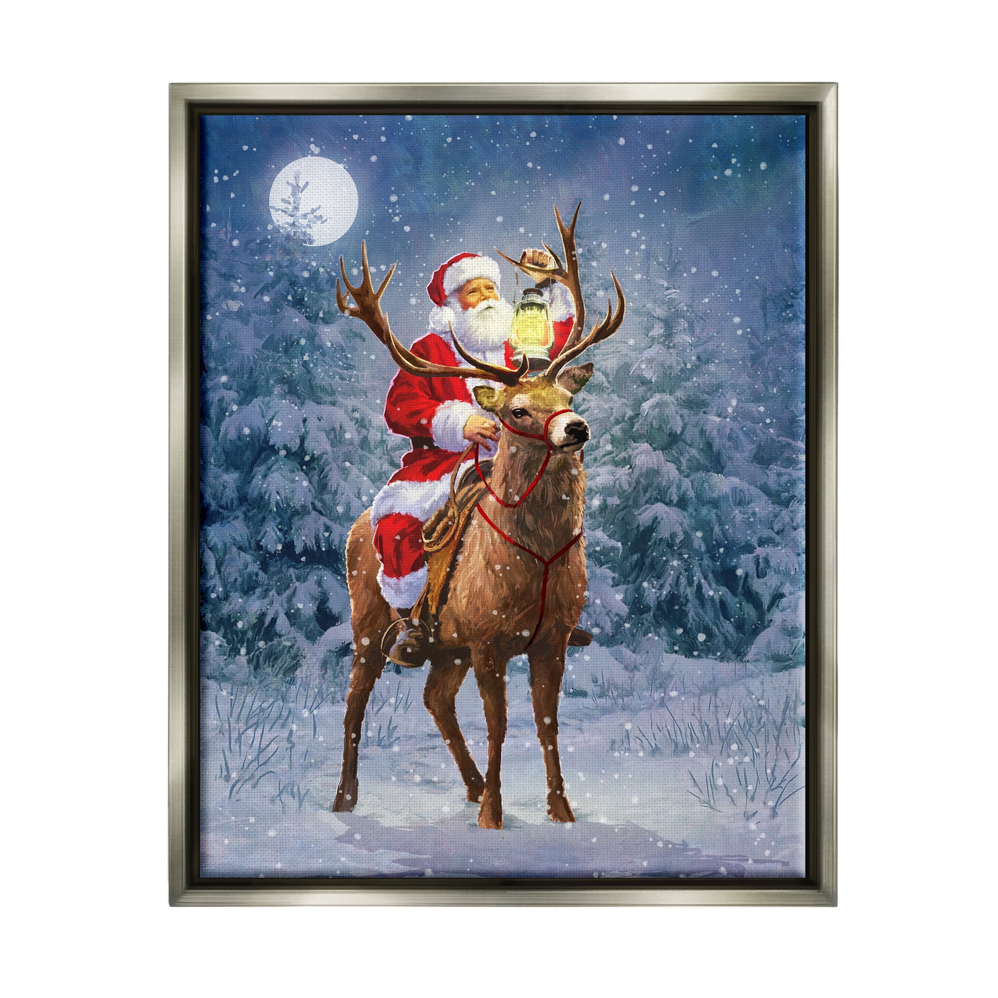 Stupell Industries Santa Riding Reindeer Landscape Holiday Painting Gray Floater Framed Art Print Wall Art