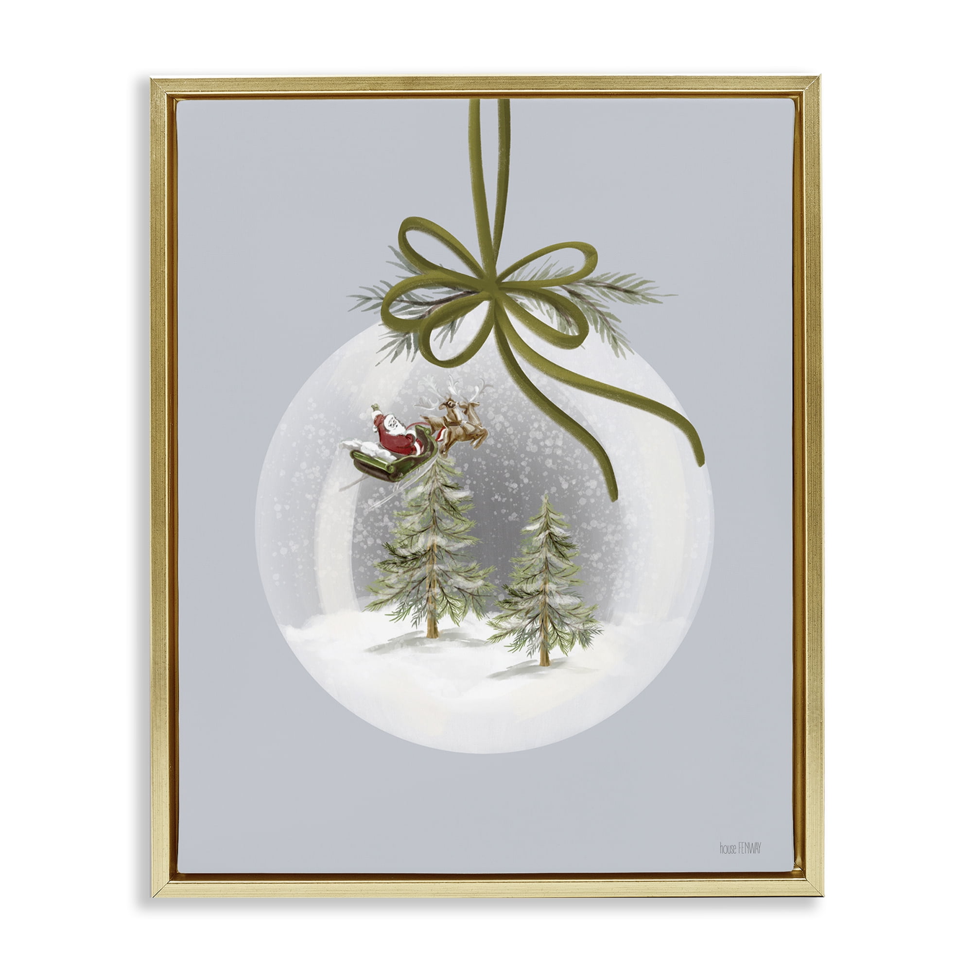 Stupell Industries Santa Sleigh Snowglobe Holiday Painting Gold Floater Framed Art Print Wall Art, 17 x 21