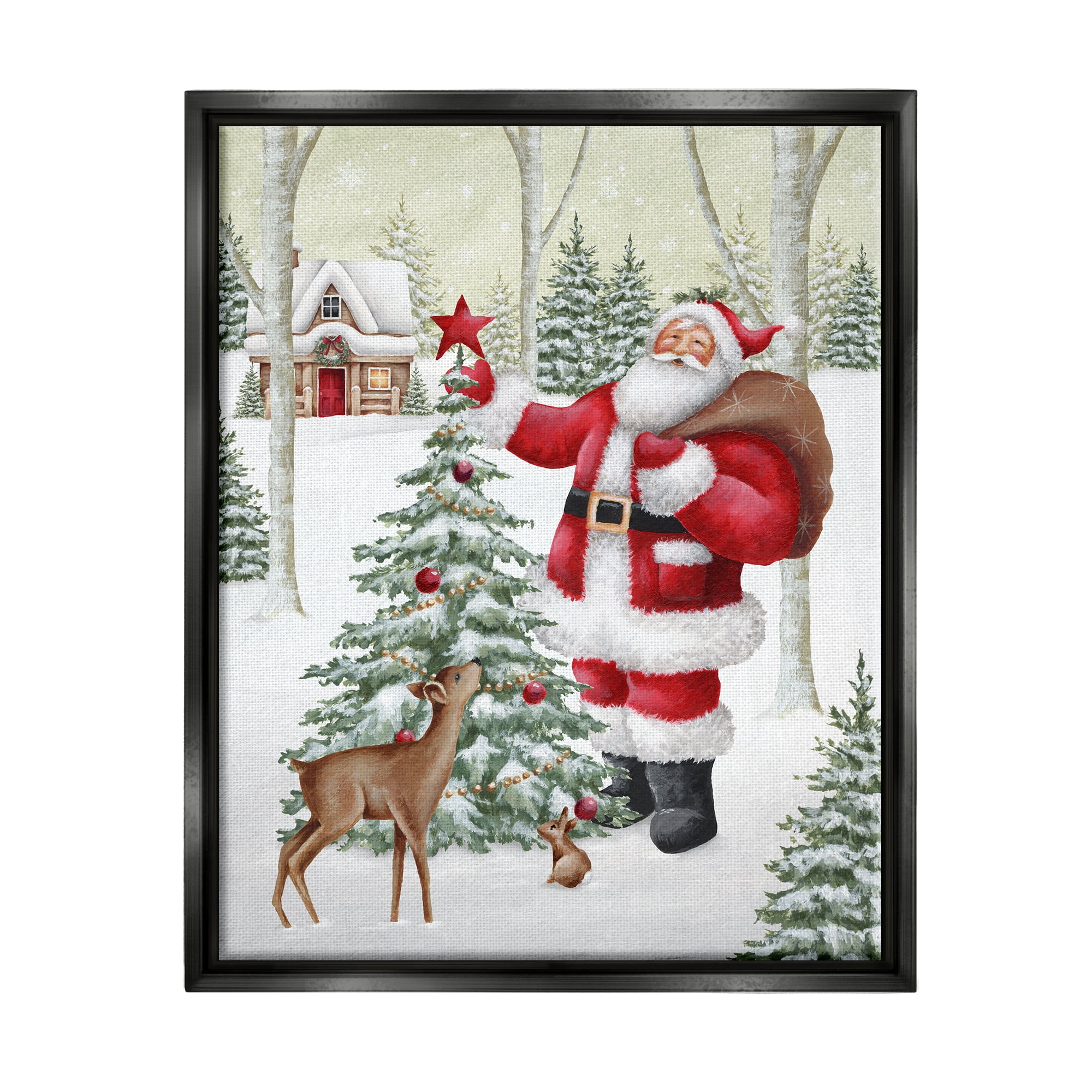 Stupell Industries Santa & Snowy Cabin Holiday Painting Black Floater Framed Canvas Art Print Wall Art, 25 x 31