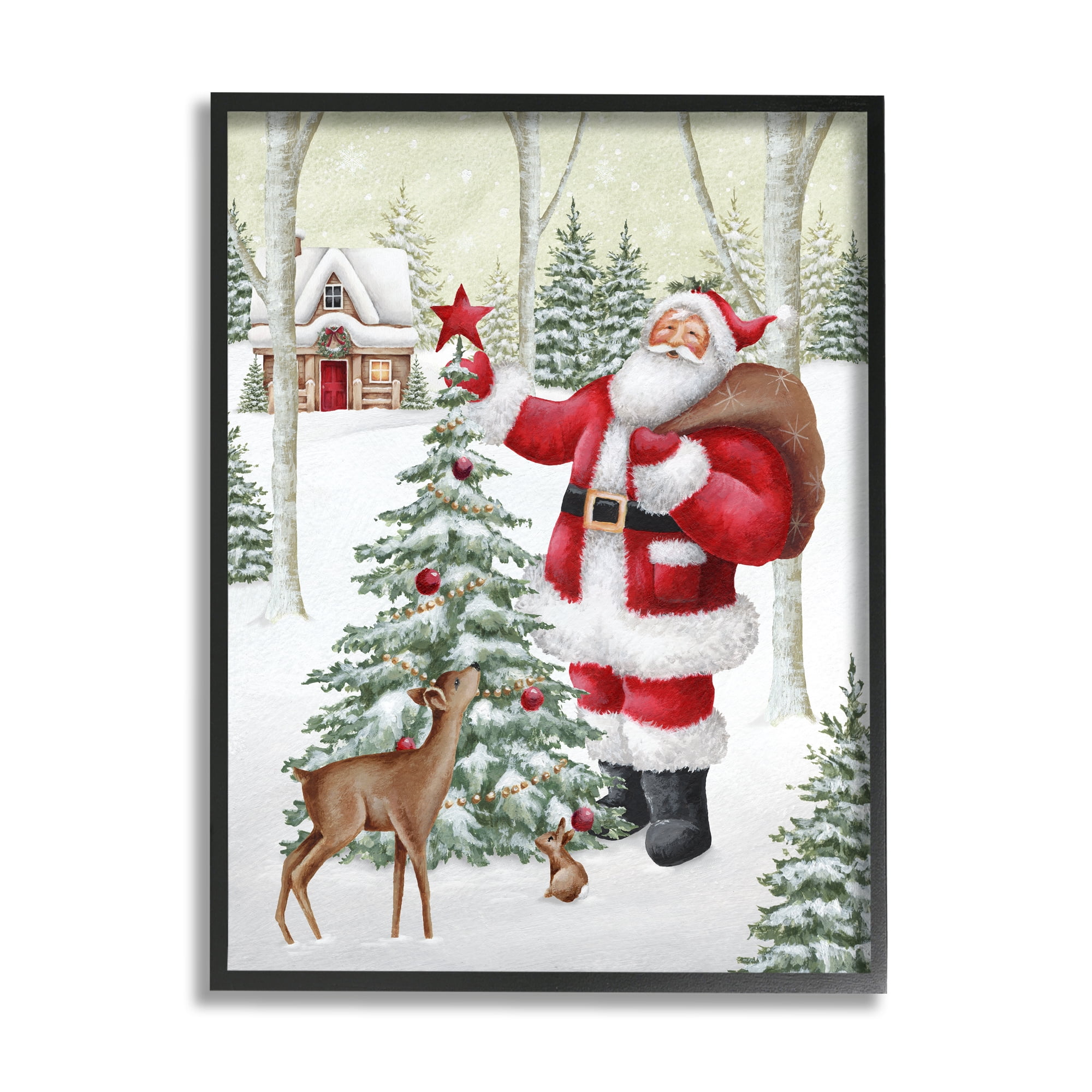 Stupell Industries Santa & Snowy Cabin Holiday Painting Black Framed Art Print Wall Art, 11 x 14