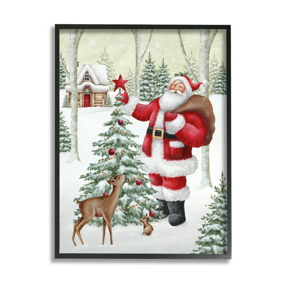Stupell Industries Santa & Snowy Cabin Holiday Painting Black Framed Art Print Wall Art, 11 x 14