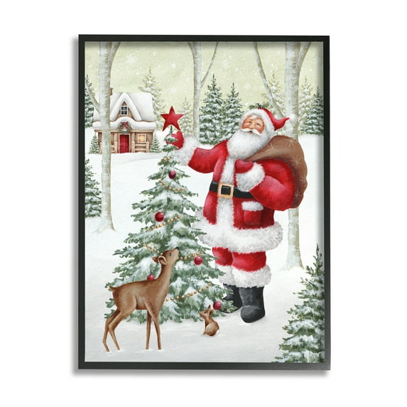 Stupell Industries Santa & Snowy Cabin Holiday Painting Black Framed Art Print Wall Art, 16 x 20
