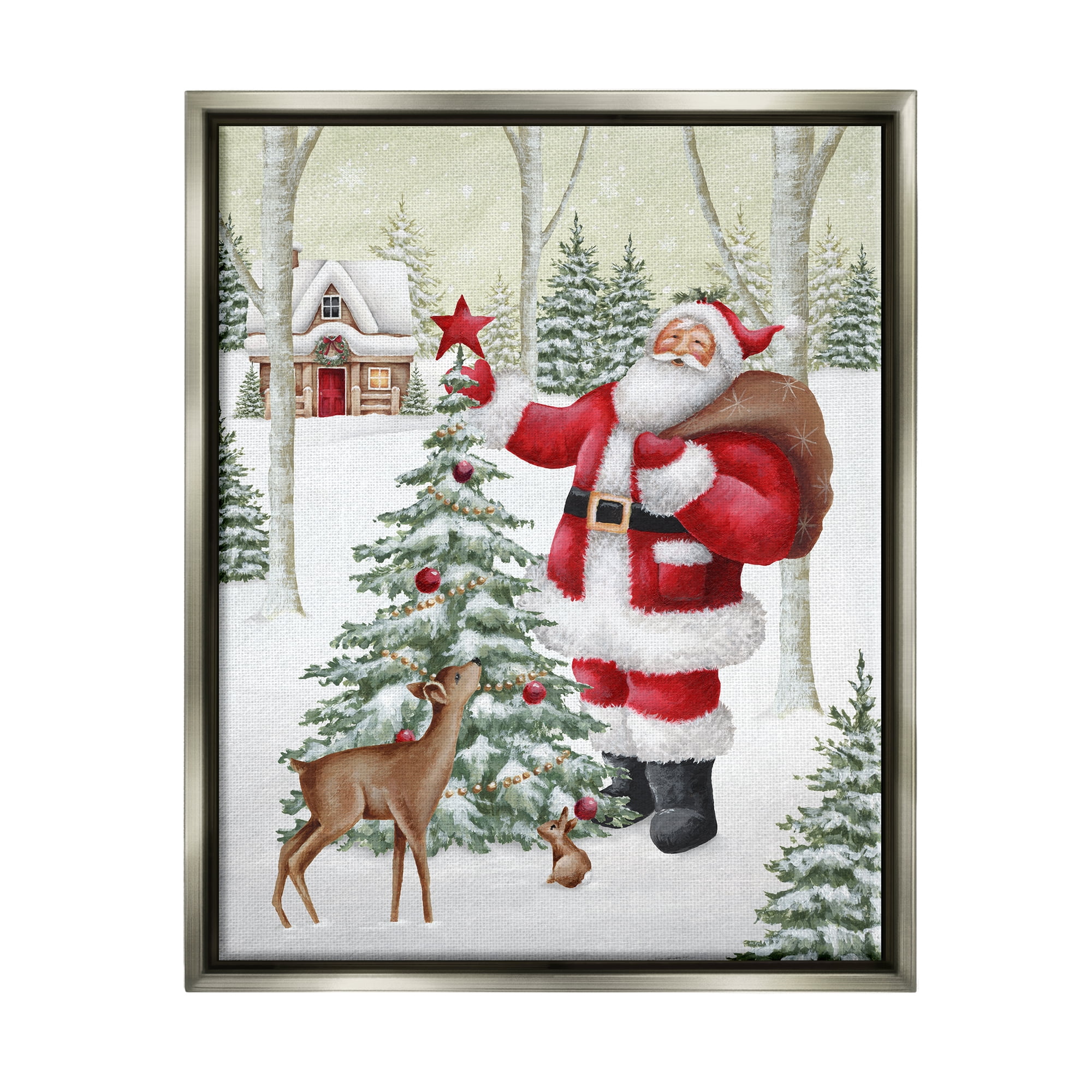 Stupell Industries Santa & Snowy Cabin Holiday Painting Gray Floater Framed Canvas Art Print Wall Art, 25 x 31