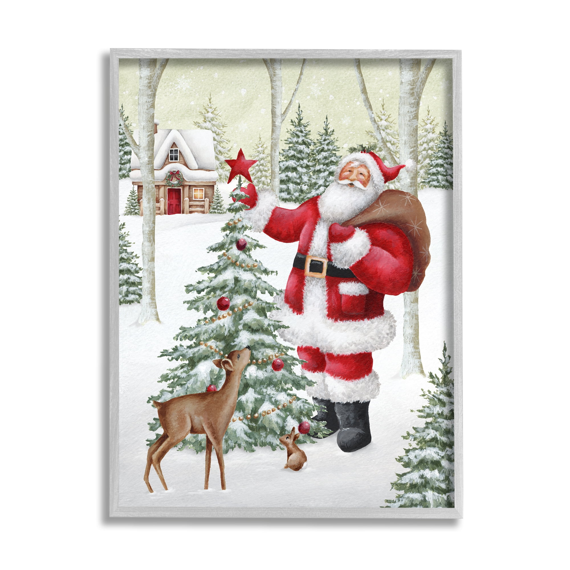 Stupell Industries Santa & Snowy Cabin Holiday Painting Gray Framed Art Print Wall Art, 16 x 20