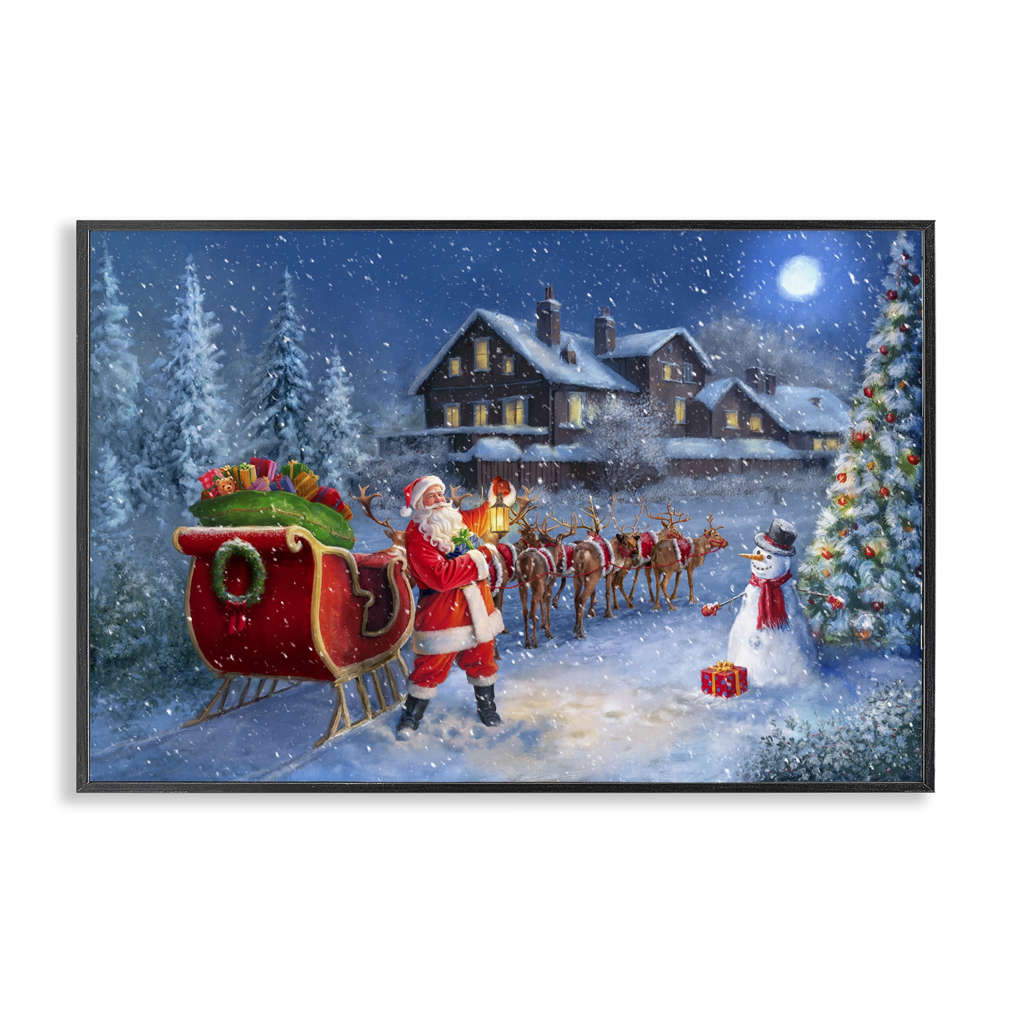 Stupell Industries Santa Snowy Night View Holiday Painting Black Framed Art Prints Wall Art, 30 x 20