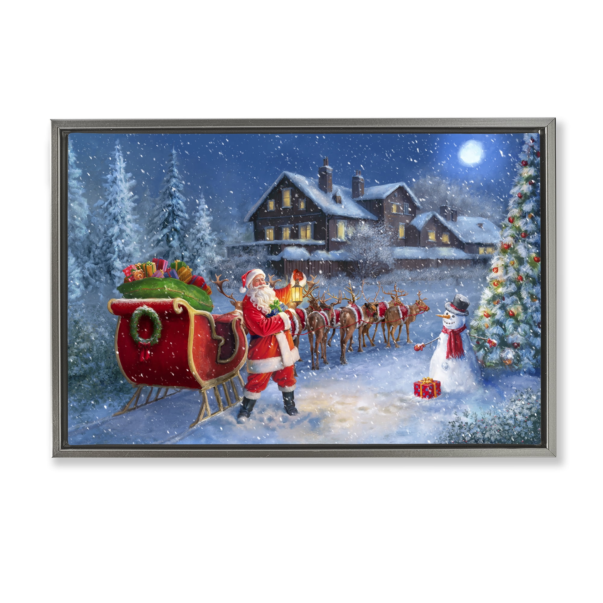 Stupell Industries Santa Snowy Night View Holiday Painting Gray Floater Framed Canvas Art Prints Wall Art, 25 x 17