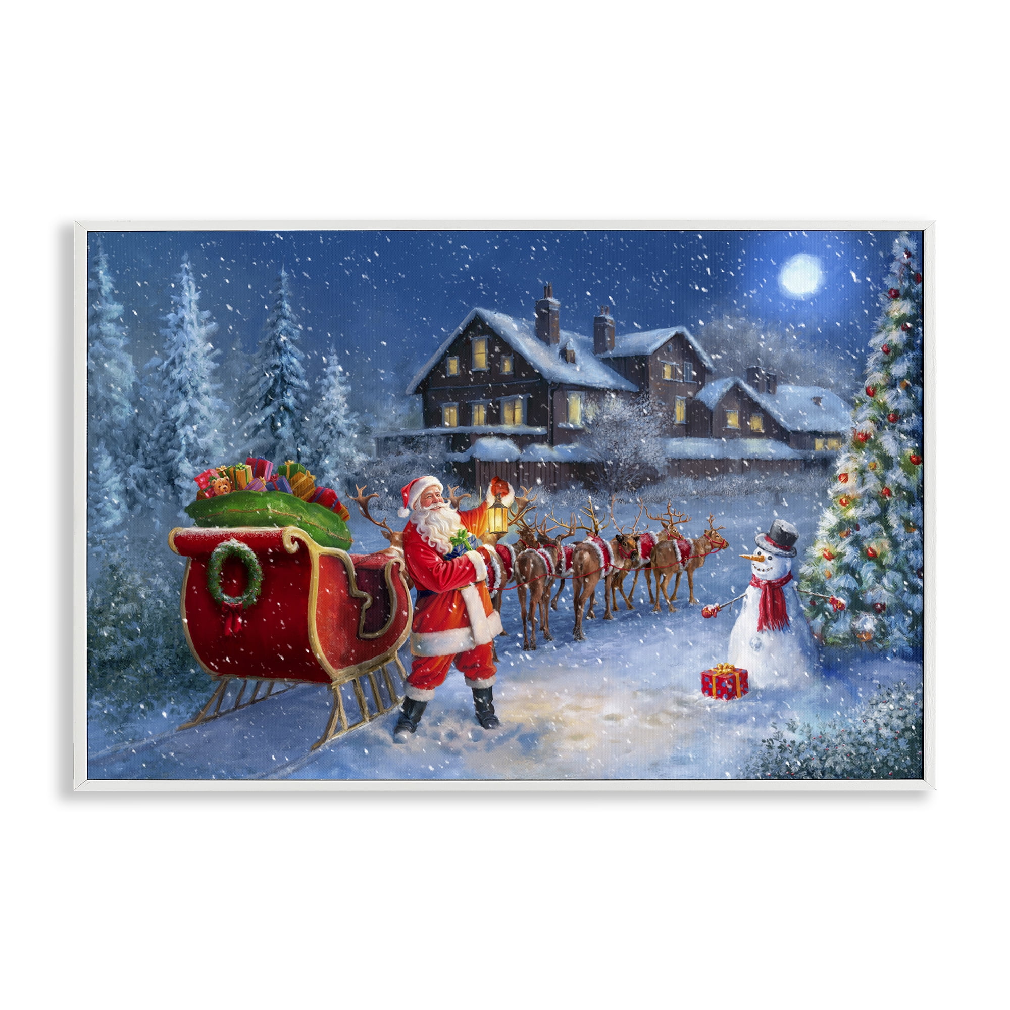 Stupell Industries Santa Snowy Night View Holiday Painting White Framed Art Prints Wall Art, 24 x 16