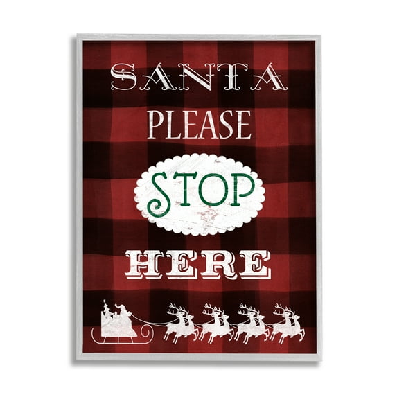 Stupell Industries Santa Stop Here Plaid Holiday Painting Gray Framed Art Print Wall Art, 16 x 20