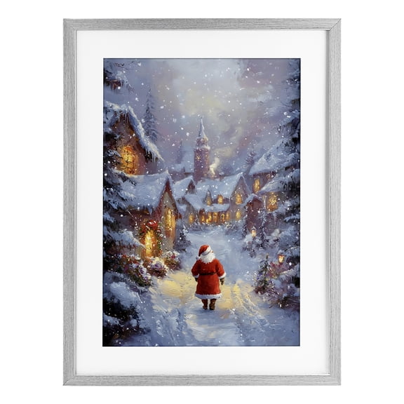 Santa Strolling Christmas Village Gray Framed Print Under Glass, 14 x 20, Made In USA