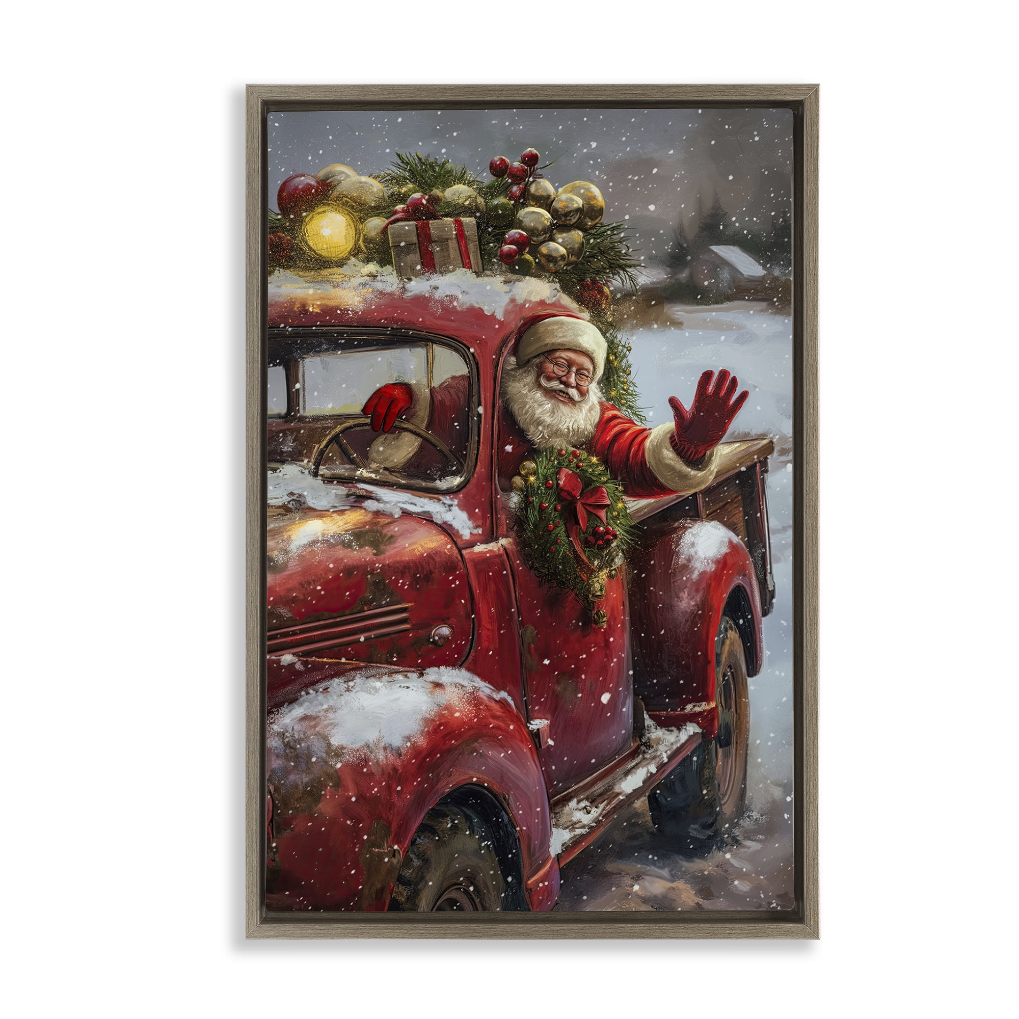 Stupell Industries Santa Waving Hello Holiday Painting Brown Floater Framed Canvas Art Prints Wall Art, 17 x 25