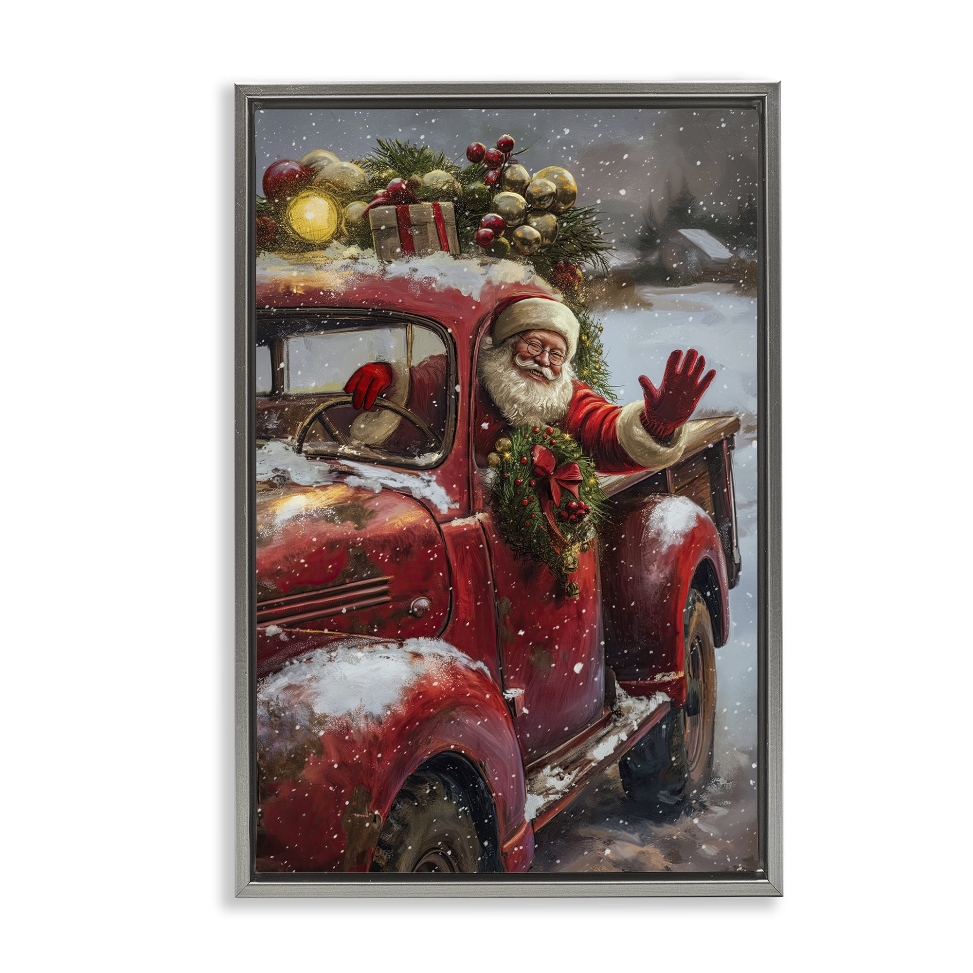 Stupell Industries Santa Waving Hello Holiday Painting Gray Floater Framed Canvas Art Prints Wall Art, 21 x 31