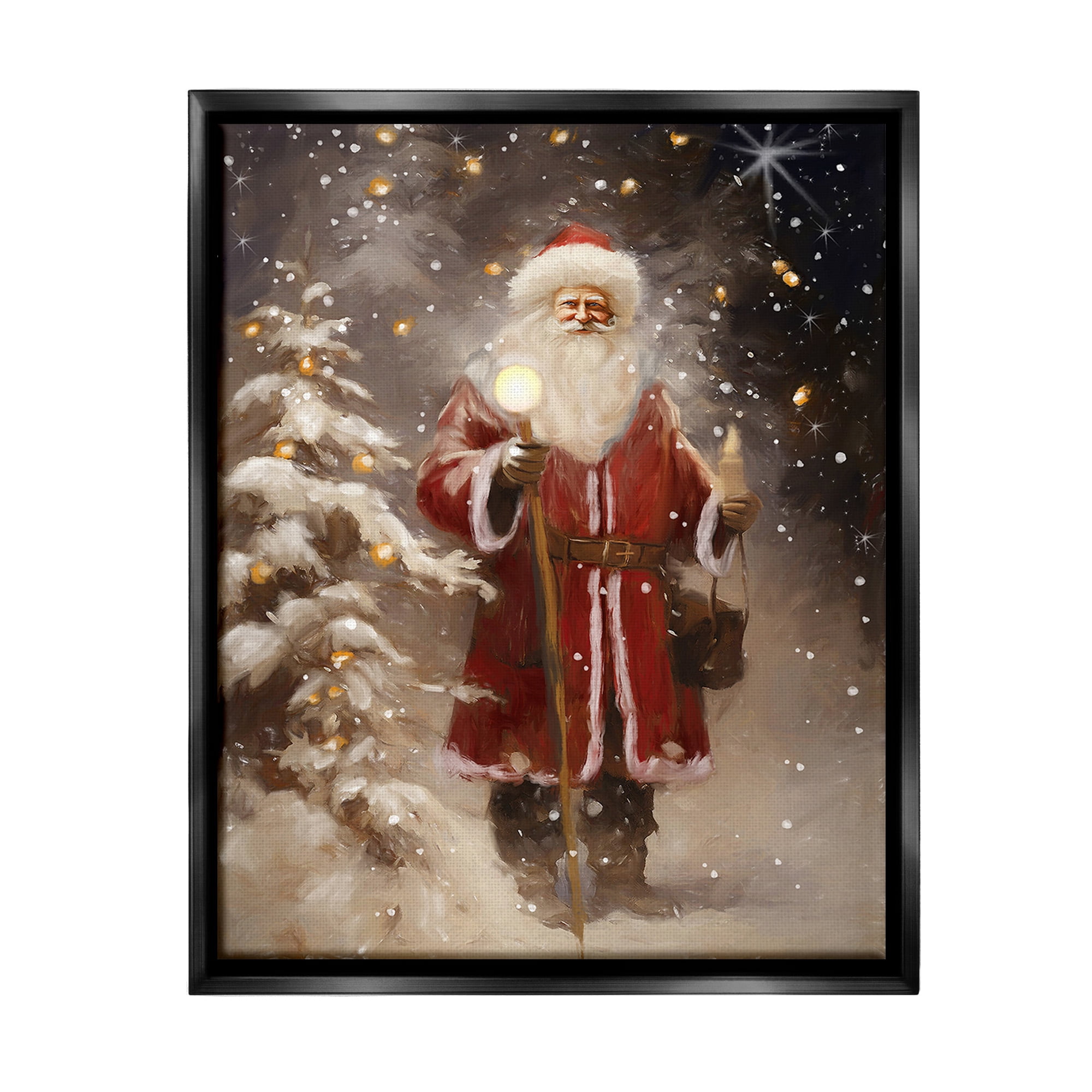 Stupell Industries Santa in Snowy Night Scene Holiday Painting Black Floater Framed Canvas Art Print Wall Art, 25 x 31