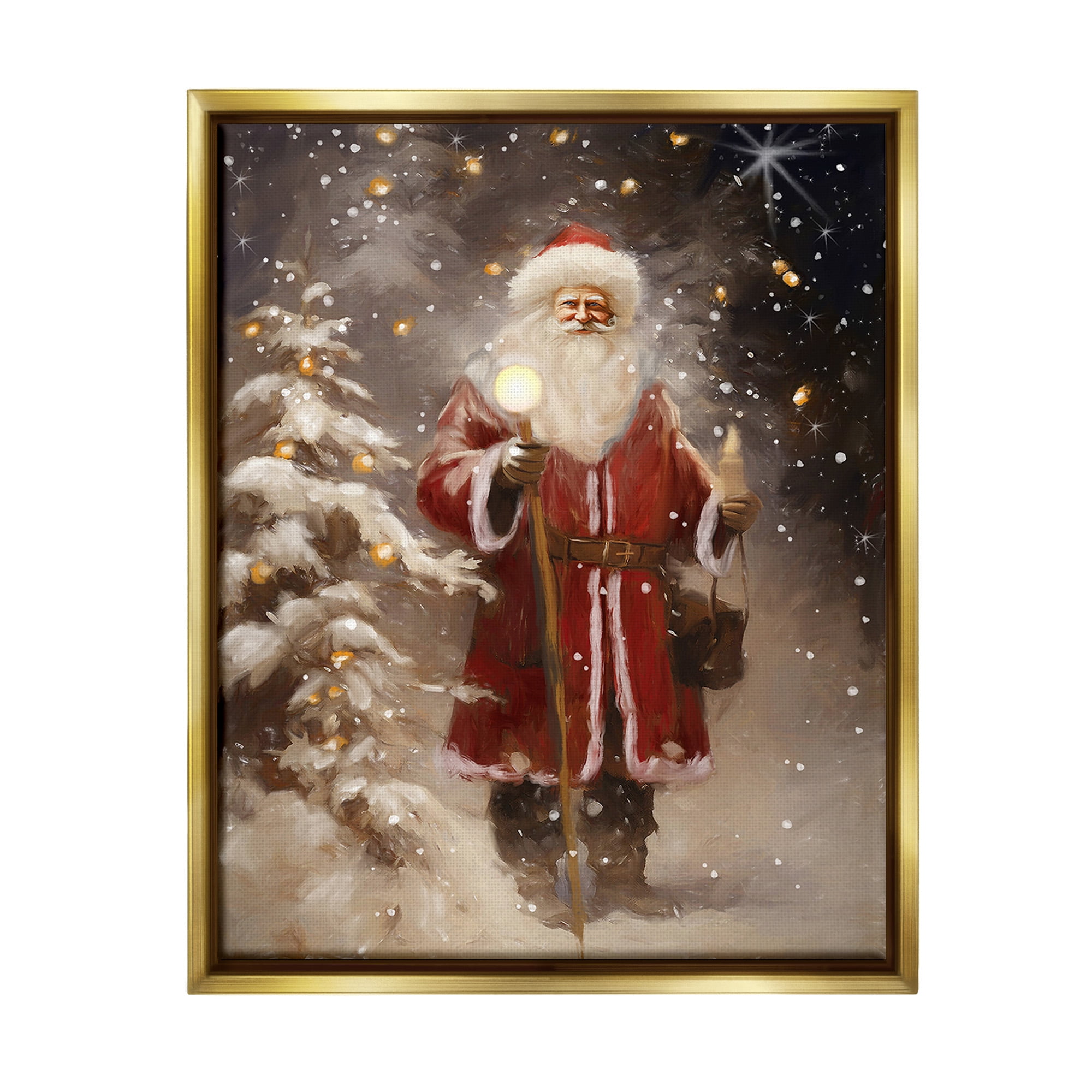 Stupell Industries Santa in Snowy Night Scene Holiday Painting Gold Floater Framed Canvas Art Print Wall Art, 17 x 21