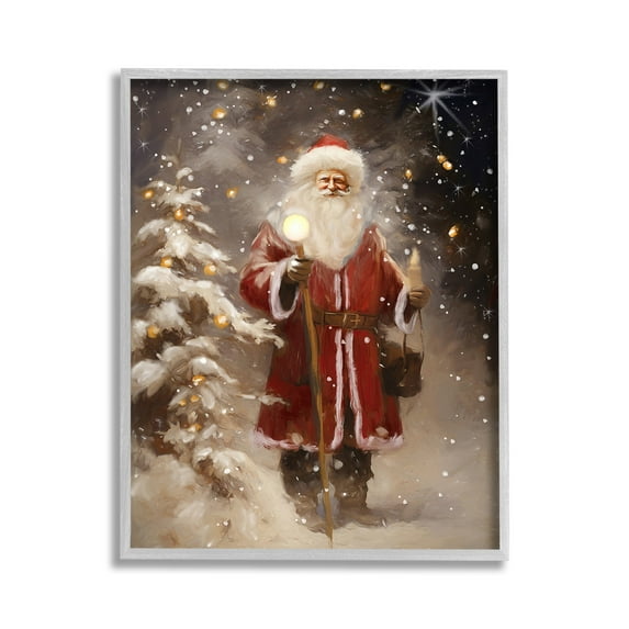 Stupell Industries Santa in Snowy Night Scene Holiday Painting Gray Framed Art Print Wall Art, 11 x 14