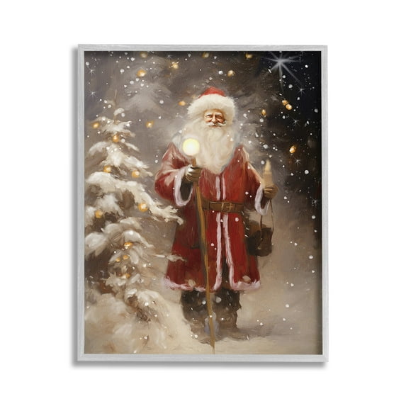 Stupell Industries Santa in Snowy Night Scene Holiday Painting Gray Framed Art Print Wall Art, 16 x 20