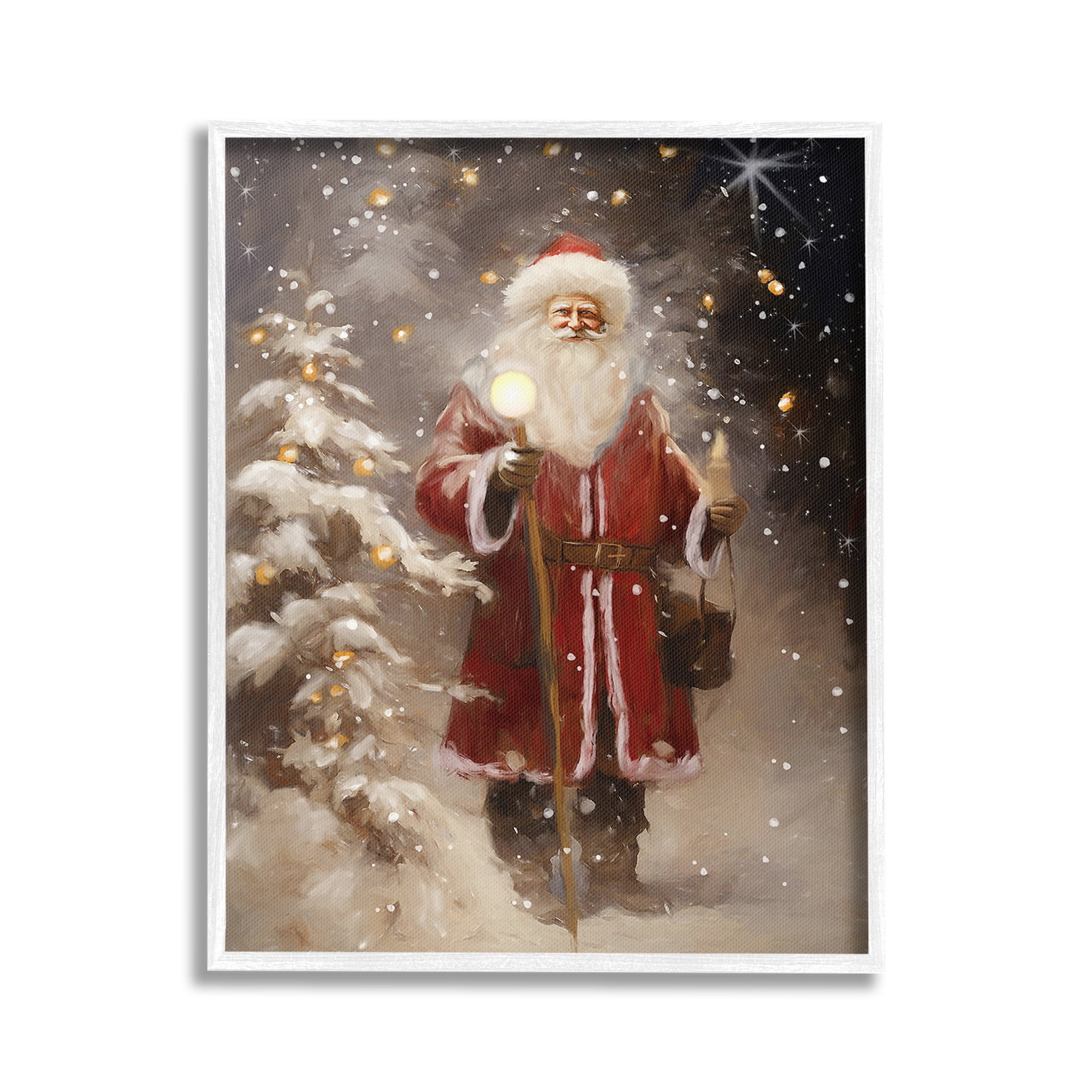 Stupell Industries Santa in Snowy Night Scene Holiday Painting White Framed Art Print Wall Art, 24 x 30