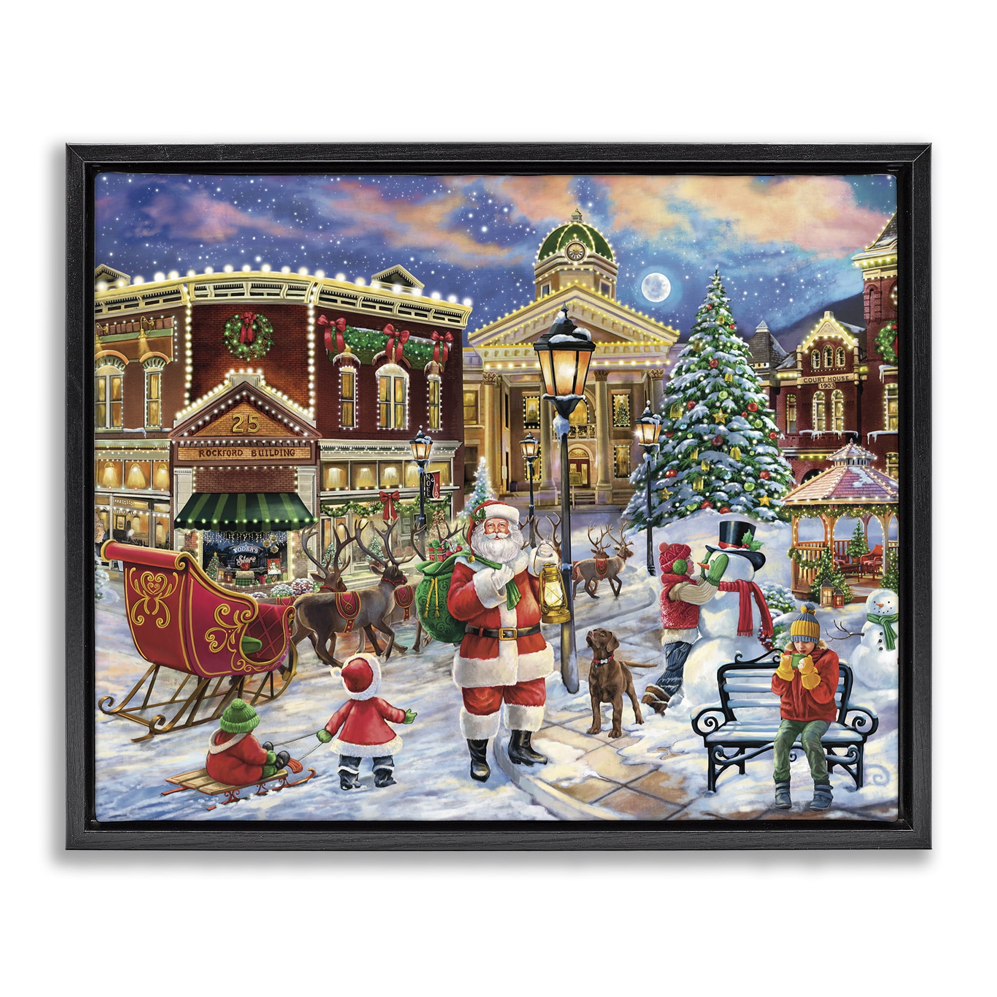 Stupell Industries Santa in Town Square Holiday Painting Black Floater Framed Art Print Wall Art, 21 x 17
