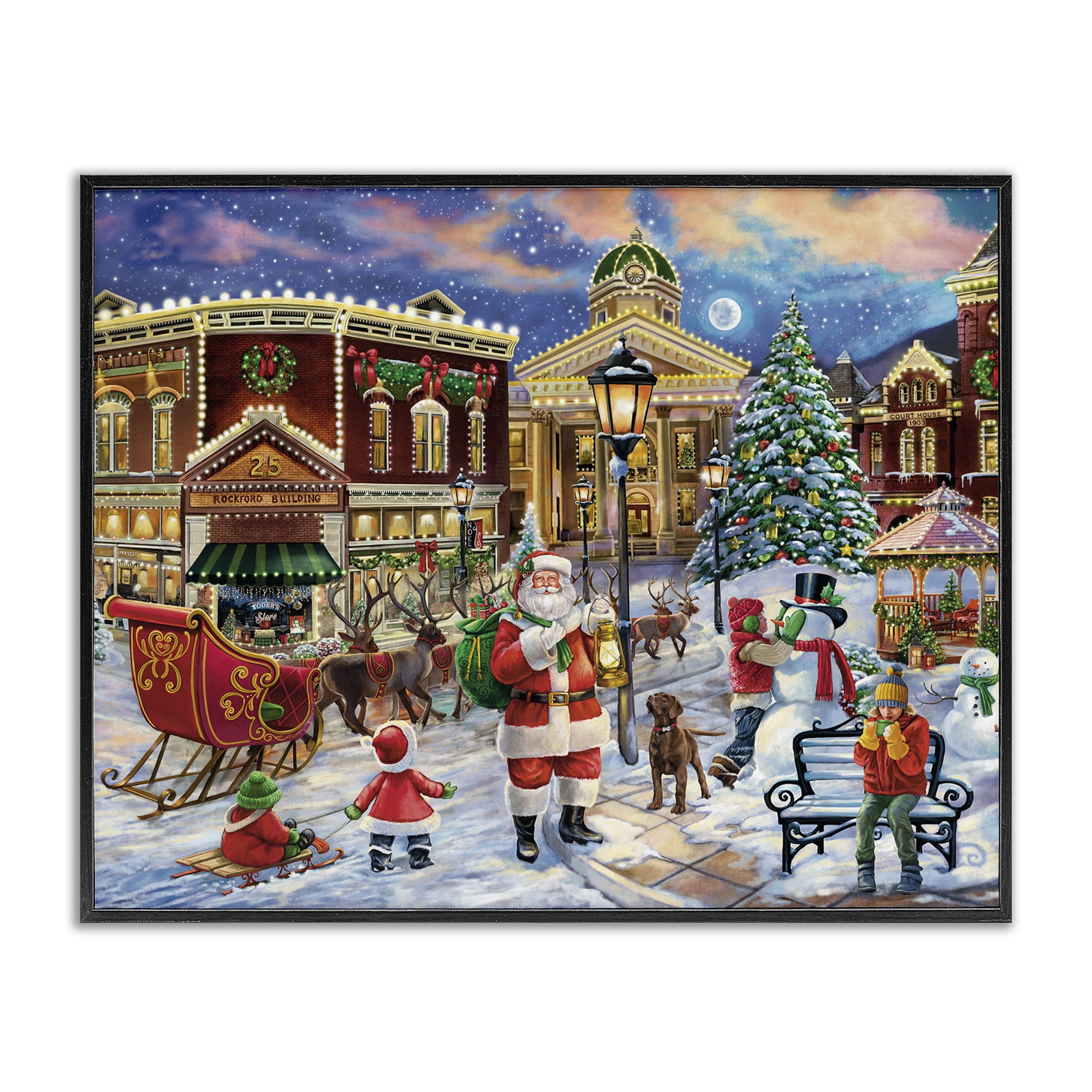 Stupell Industries Santa in Town Square Holiday Painting Black Framed Art Print Wall Art, 30 x 24