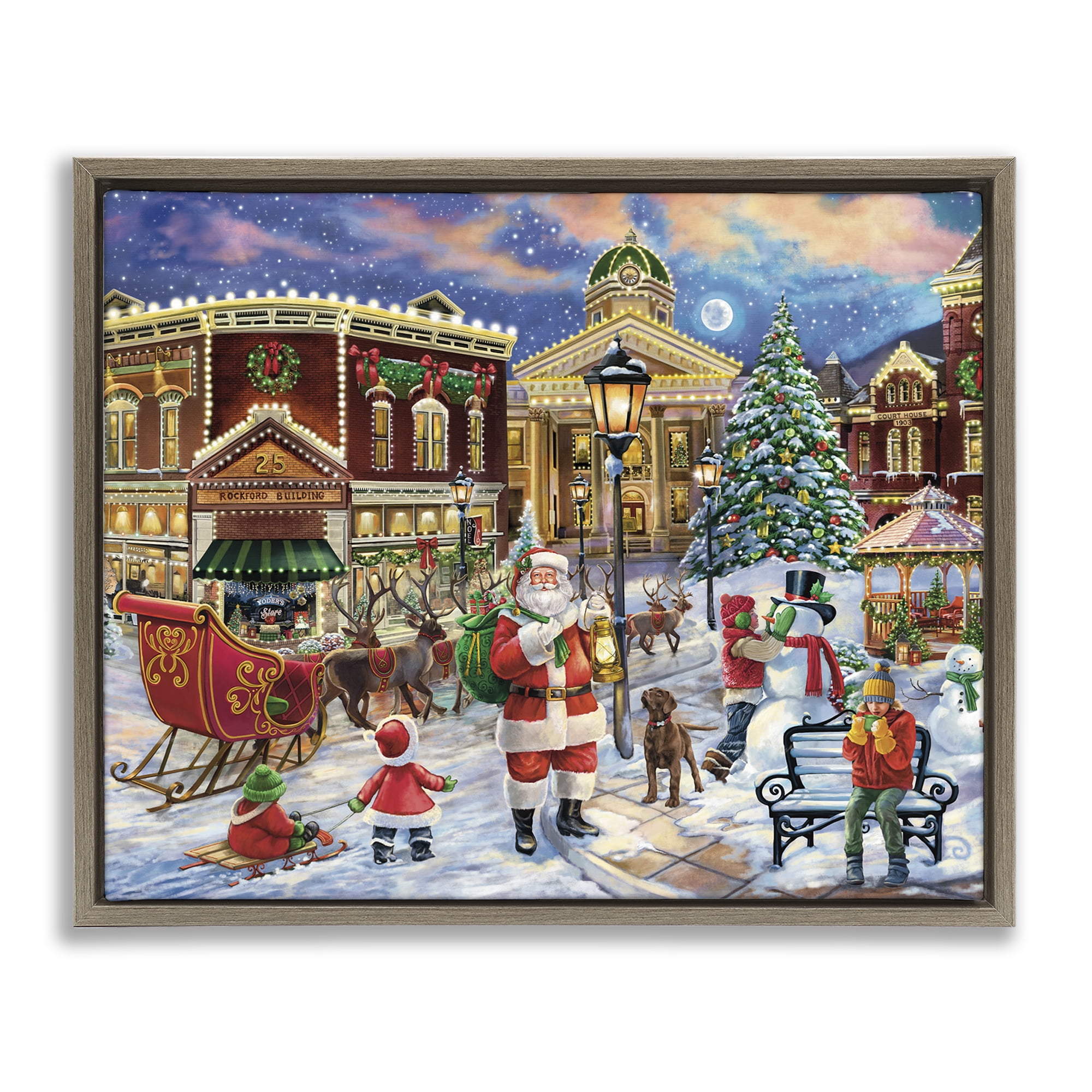 Stupell Industries Santa in Town Square Holiday Painting Brown Floater Framed Art Print Wall Art, 31 x 25