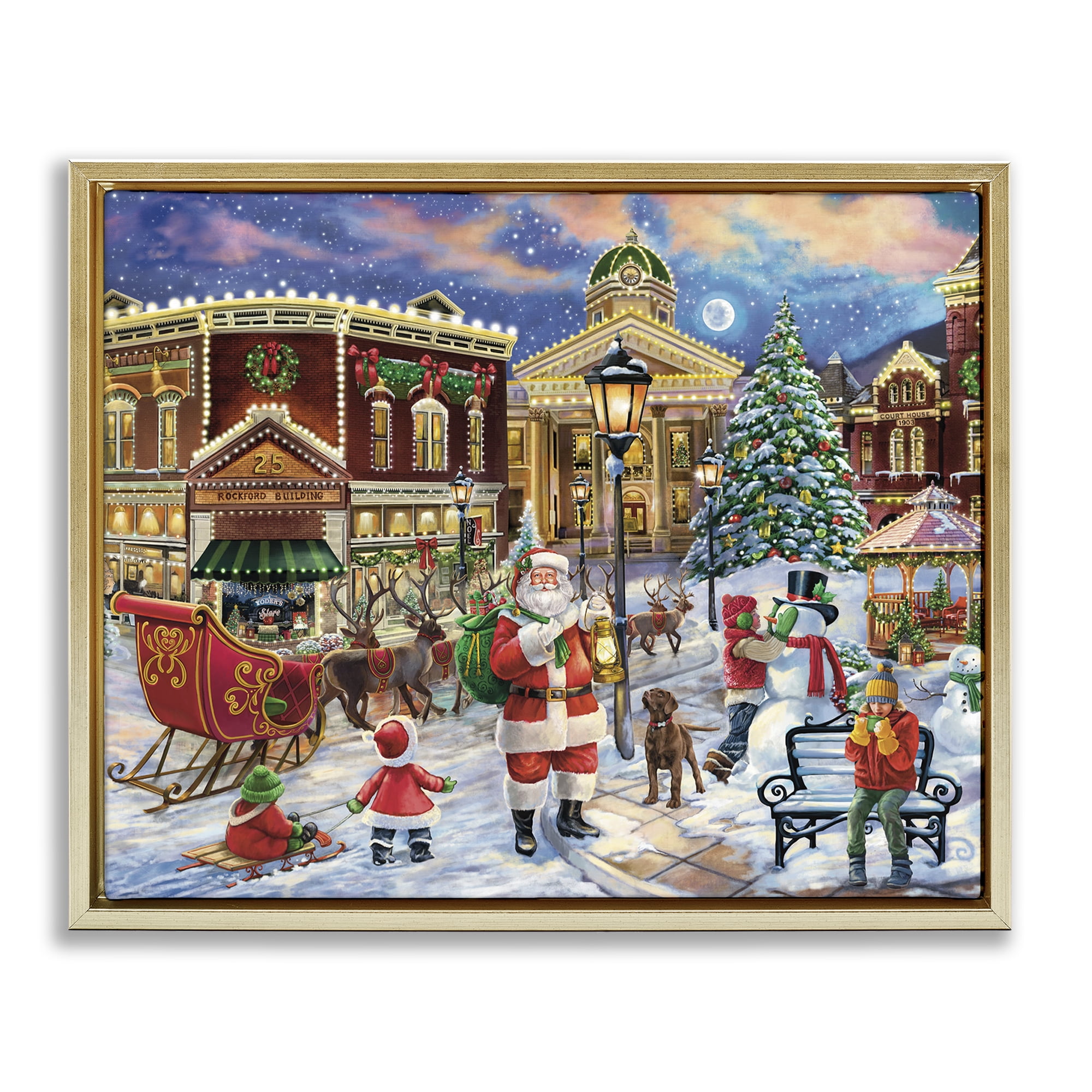 Stupell Industries Santa in Town Square Holiday Painting Gold Floater Framed Art Print Wall Art, 21 x 17